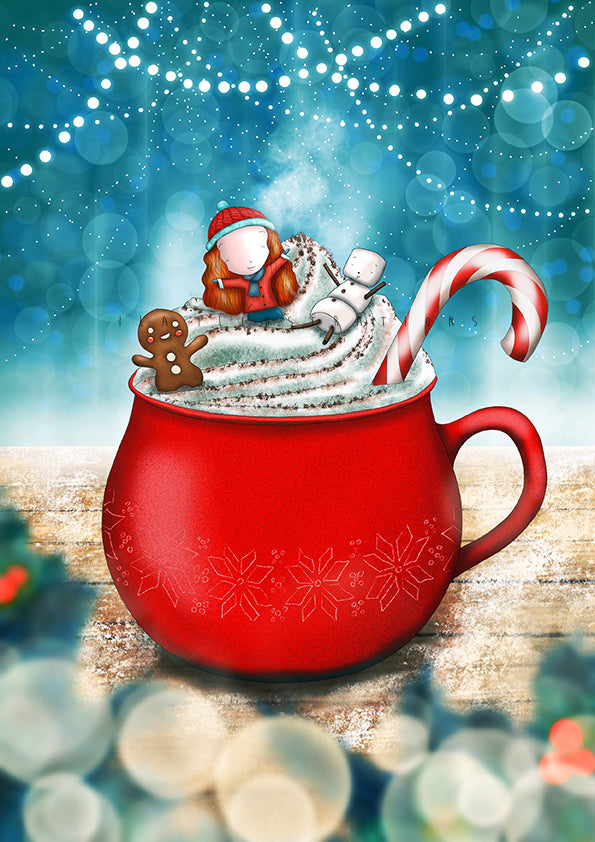 Hot Chocolate Postcard by Ila Illustrations featuring a festive red mug filled with whipped cream, decorated with a gingerbread man, marshmallow, and candy cane, set against a glowing blue holiday bokeh background.