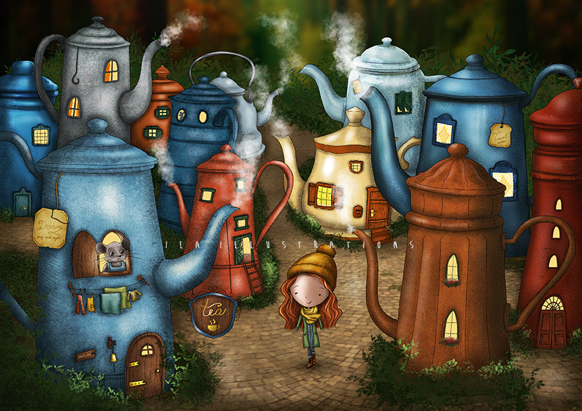 Tea Town Postcard by Ila Illustrations featuring an illustrated scene of teapots shaped like houses, with a small girl standing in the center on a cobblestone path. The artwork is colorful and fantasy-like, with blue, red, brown, and cream structures surrounding the girl.