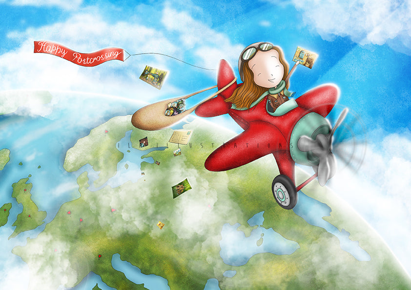 Happy Postcrossing Airplane Postcard by Ila Illustrations