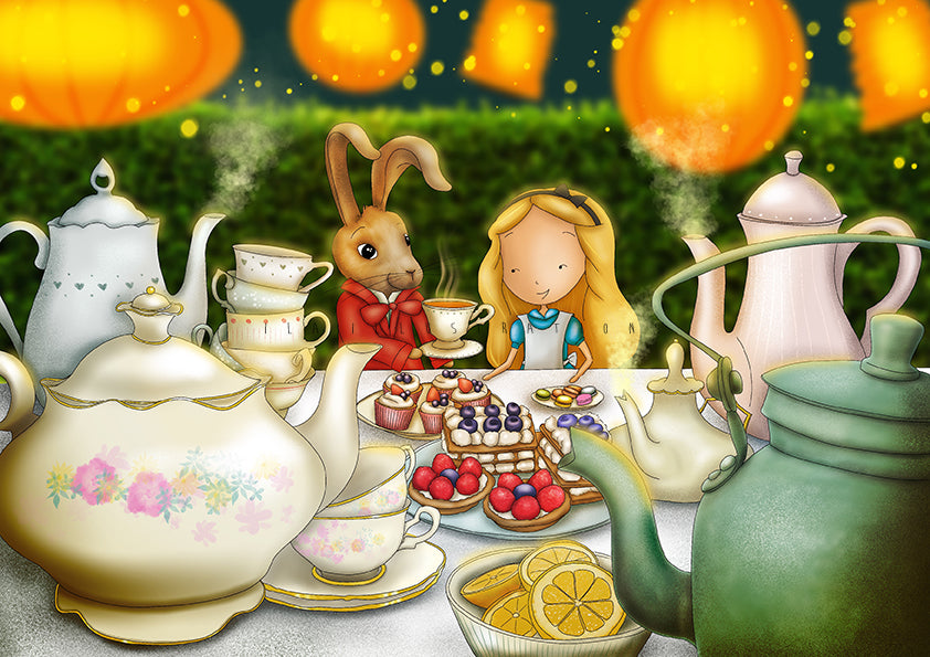 Alice in Ila Land Postcard by Ila Illustrations featuring a whimsical illustrated tea-party scene with teapots, cups, cakes, fruit, and two characters seated at a table under glowing orange lanterns.
