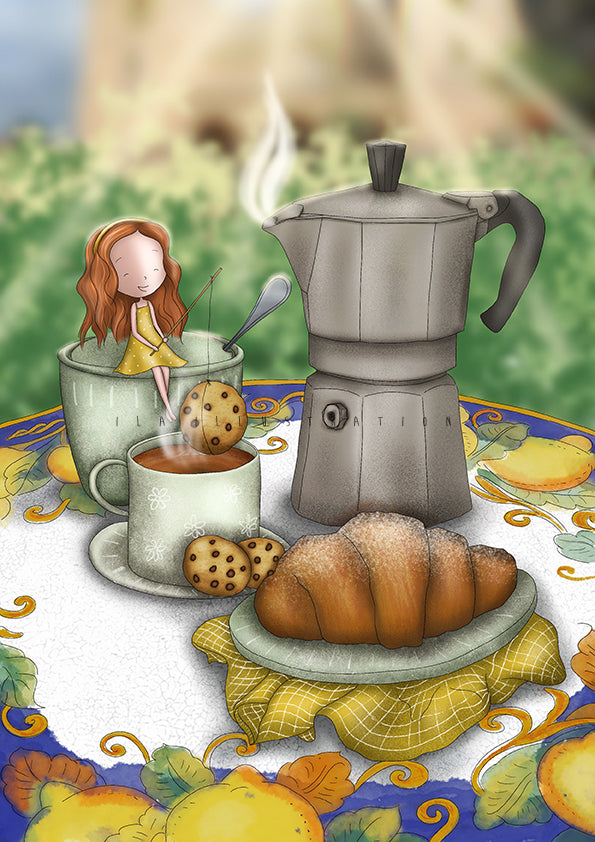 Italian Breakfast Postcard by Ila Illustrations featuring an illustration of a breakfast scene with a coffee pot, cup, cookies, and croissant on a decorative tablecloth.