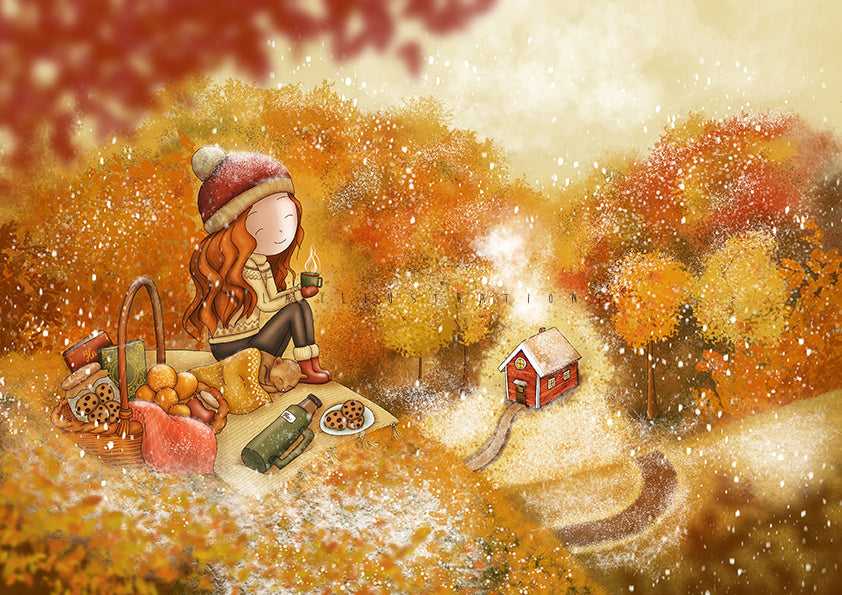Winter Hike Postcard by Ila Illustrations featiromg a whimsical autumn landscape illustration featuring a girl sitting on a blanket with a picnic basket and a sleeping cat, surrounded by orange and yellow trees, a small red house, and falling snowflakes.