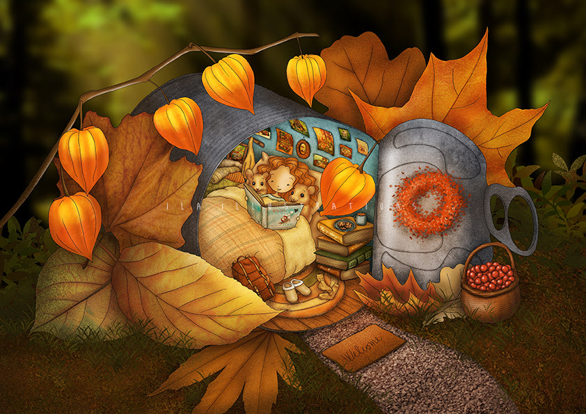 Storytelling Postcard by Ila Illustrations featuring a small cottage-like structure surrounded by large orange and yellow leaves, glowing orange lanterns, a basket of red berries, and a cozy interior. A girl is reading a bedtime story to animals.