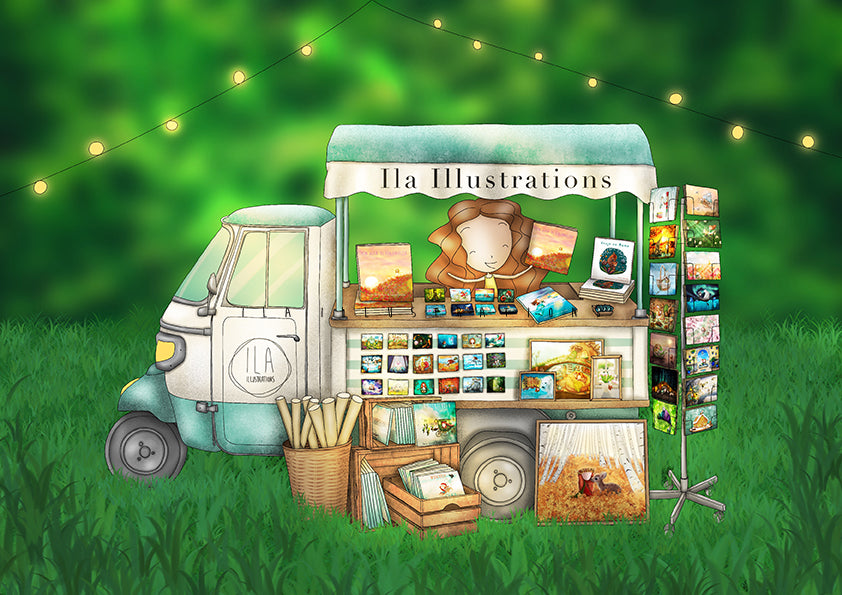 Ila’s Little Stand Postcard by Ila Illustrations featuring a street-art truck labeled 'Ilia Illustrations' parked in a grassy outdoor setting with string lights. The truck displays artwork, books, and a stand of postcards.