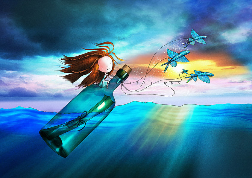 The Message Postcard by Ila Illustrations featuring a girl with long hair with a message in a bottle floating over blue water, with three blue flying fish flying out against a dramatic sunset sky.