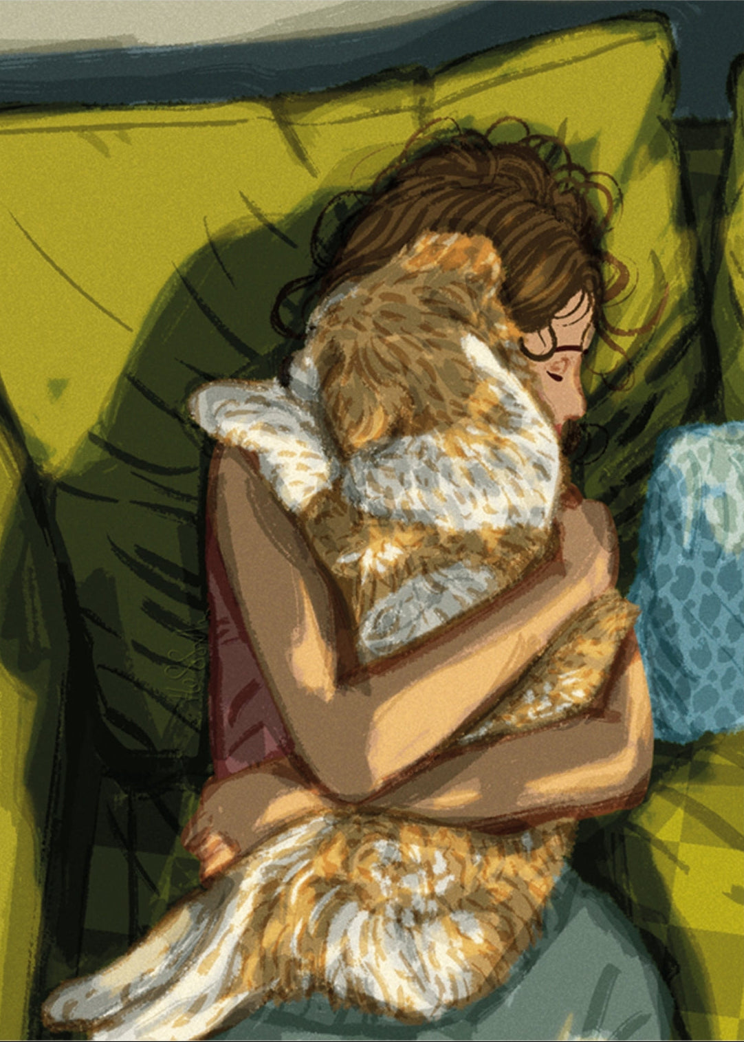 Dog Cuddles Postcard by Hello Hessah featuring an illustration of a person hugging a dog.