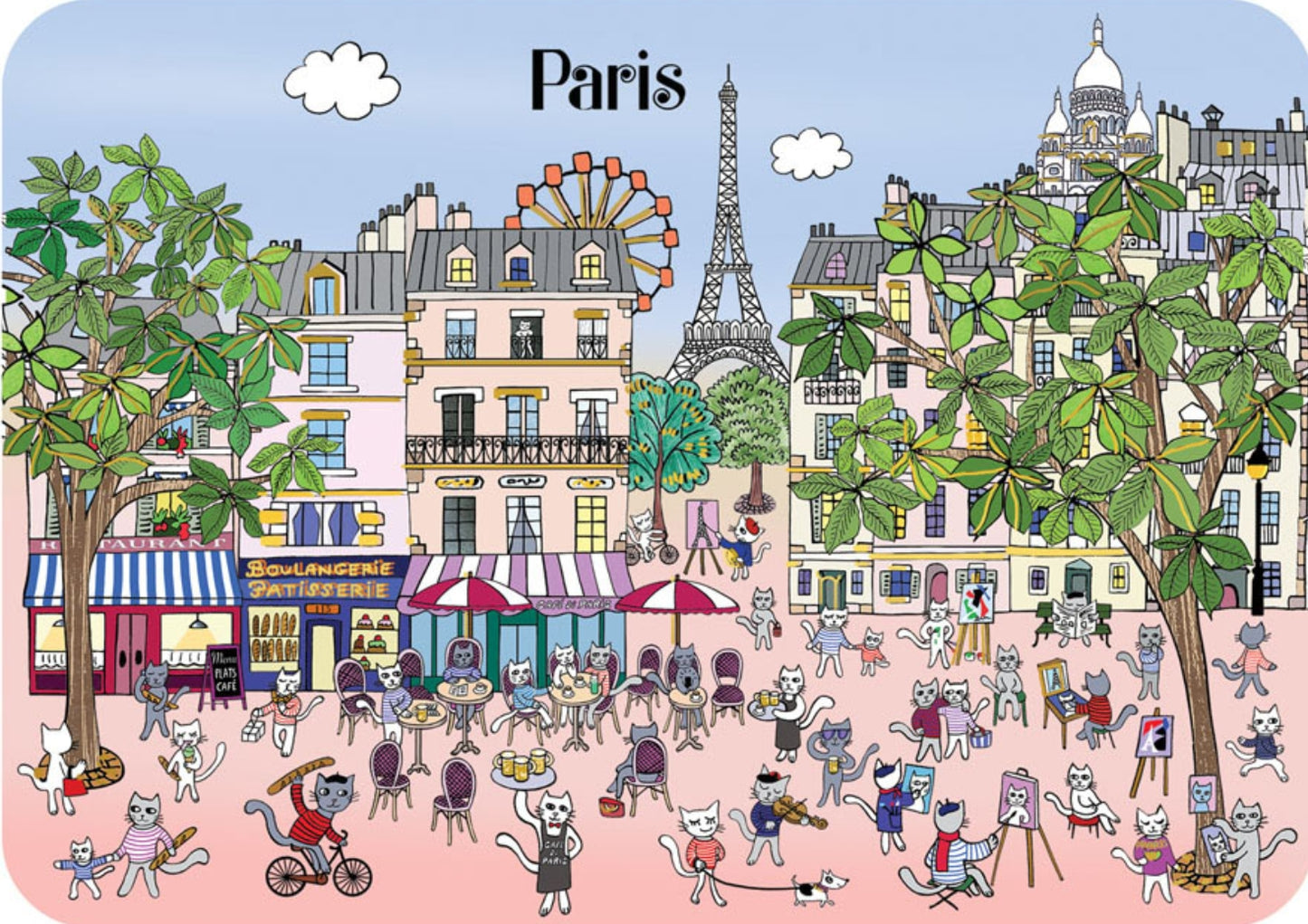 A Day in Paris - Cat Edition Postcard by Pascale Godard - Cartes d'Art featuring an illustration of a Parisian street scene with Eiffel Tower and various cats in different activities.