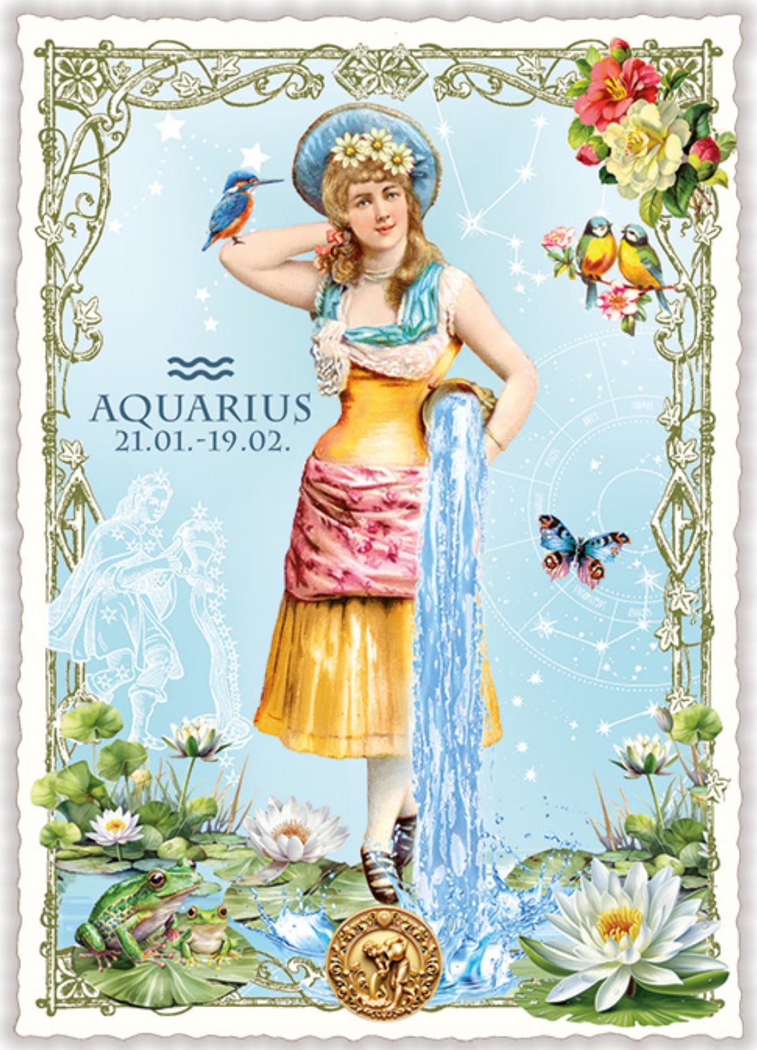 Aquarius Zodiac Sign Postcard by Edition Tausendschön featuring a vintage-style illustration of a woman associated with Aquarius zodiac sign, surrounded by nature elements.