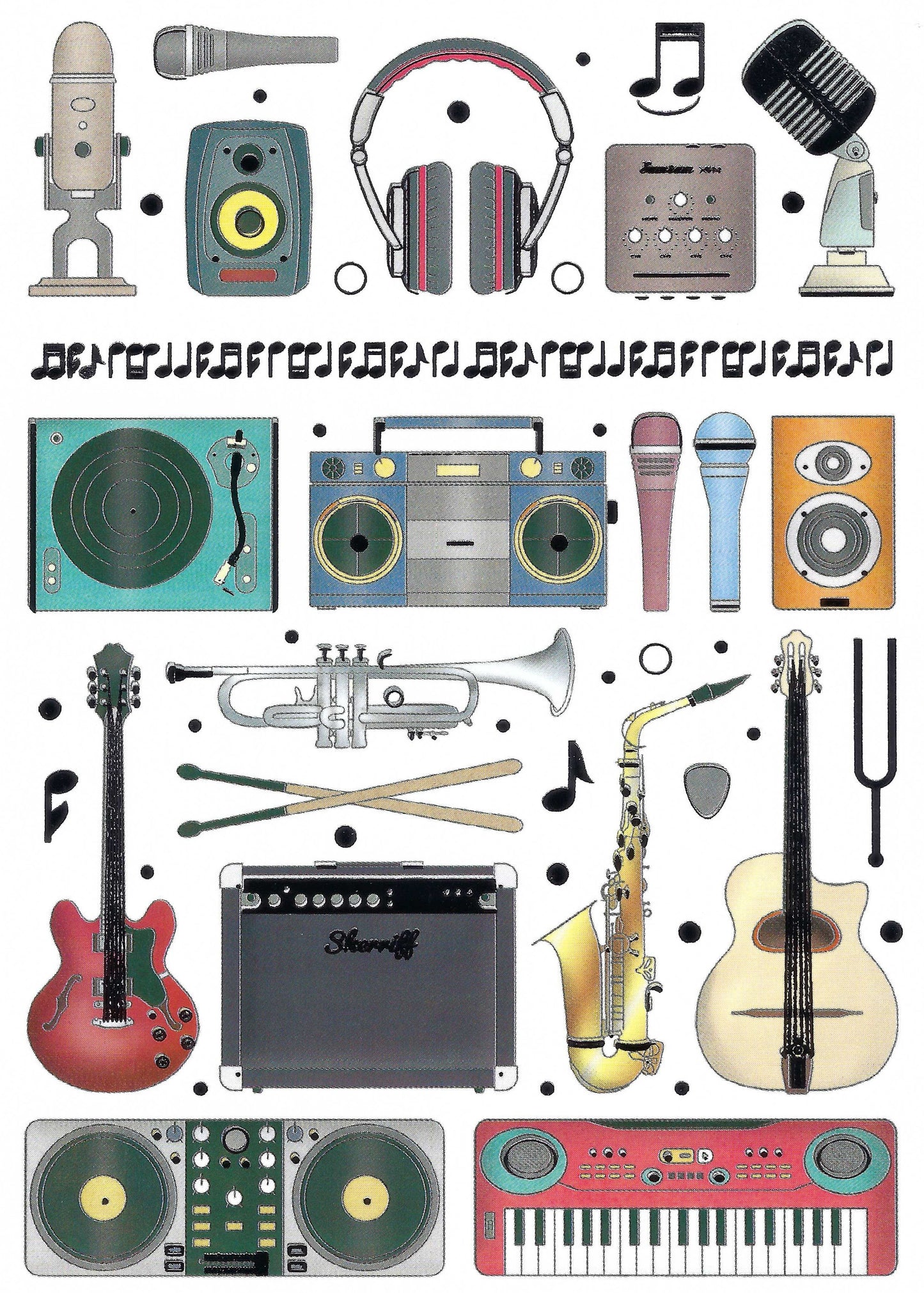 Quire - Music - Musical Instruments - Record Player - Microphone - Guitar -Trumpet - Headphones - Keyboard - Postcard with foil details