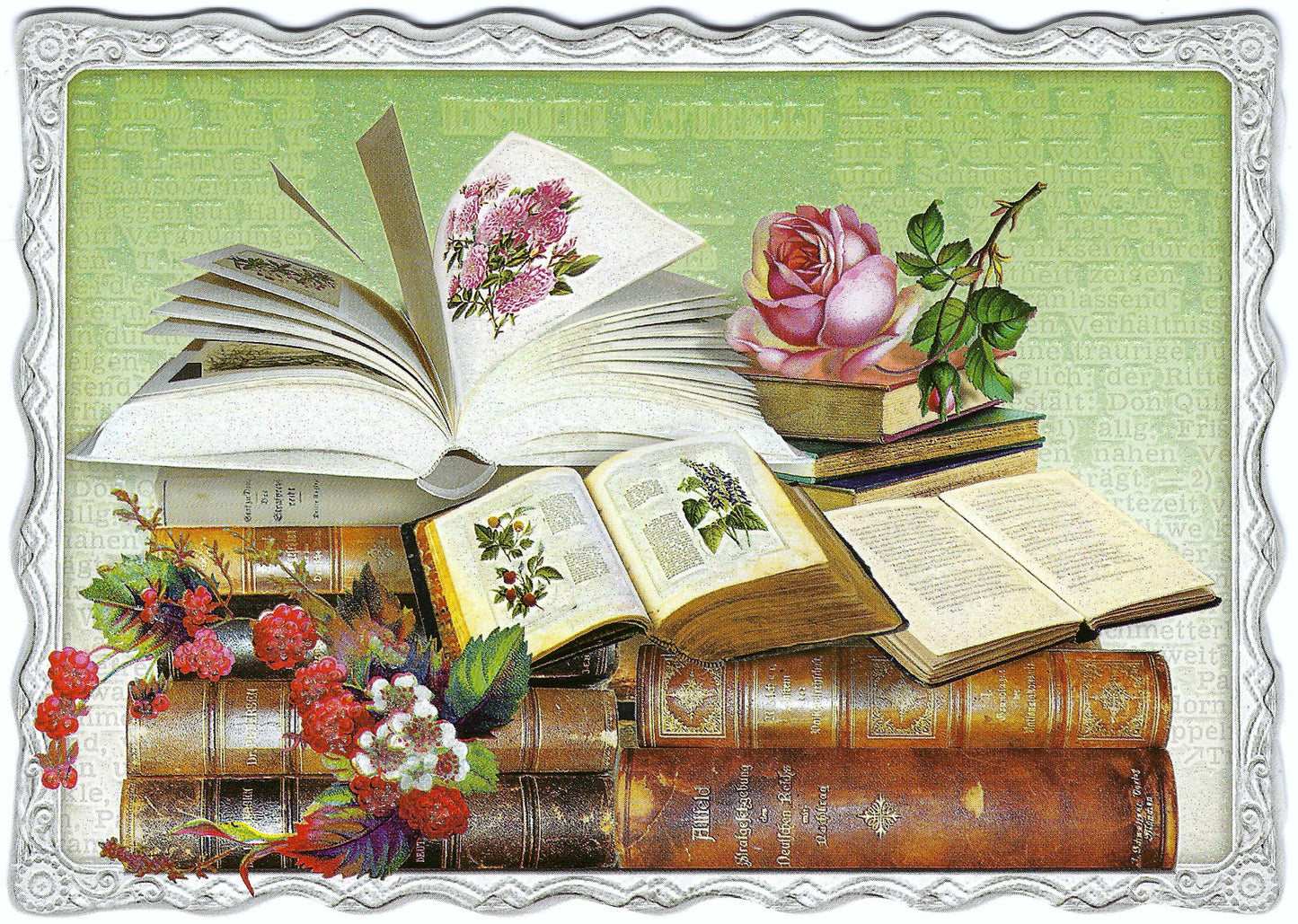 Auguri by Barbara Behr - Books and Flowers - Postcard