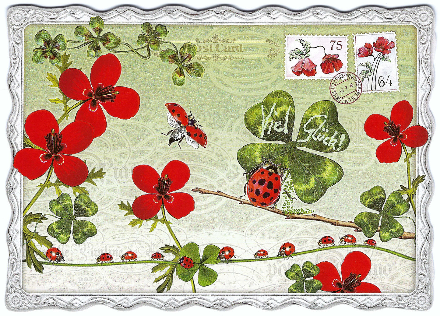 Auguri by Barbara Behr - Shamrocks - Ladybugs - Good Luck - Flowers - Postcard