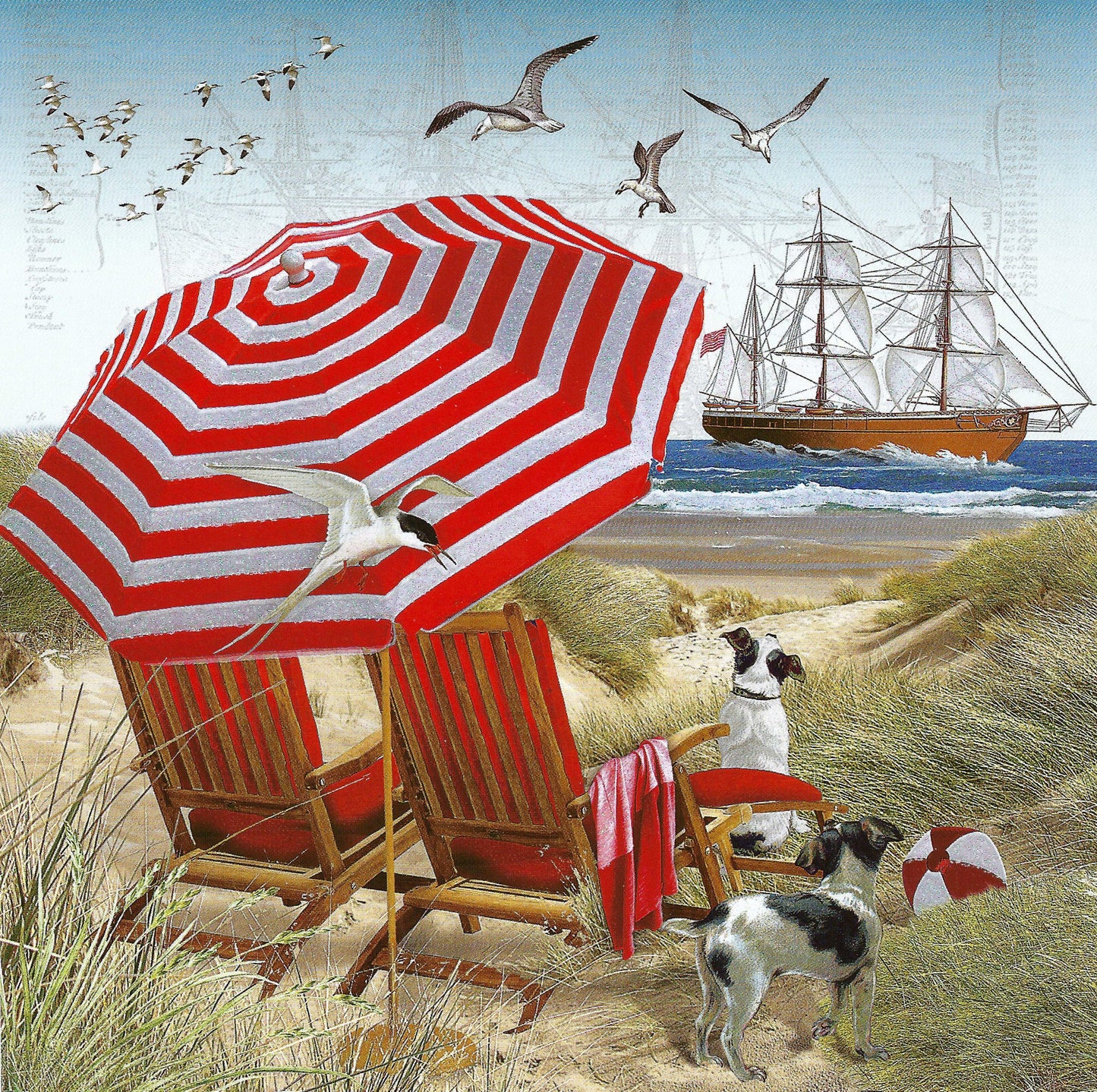 Barbara Behr - Auguri - Beach - Umbrella - Dogs - Sailboat - Seagulls - Postcard