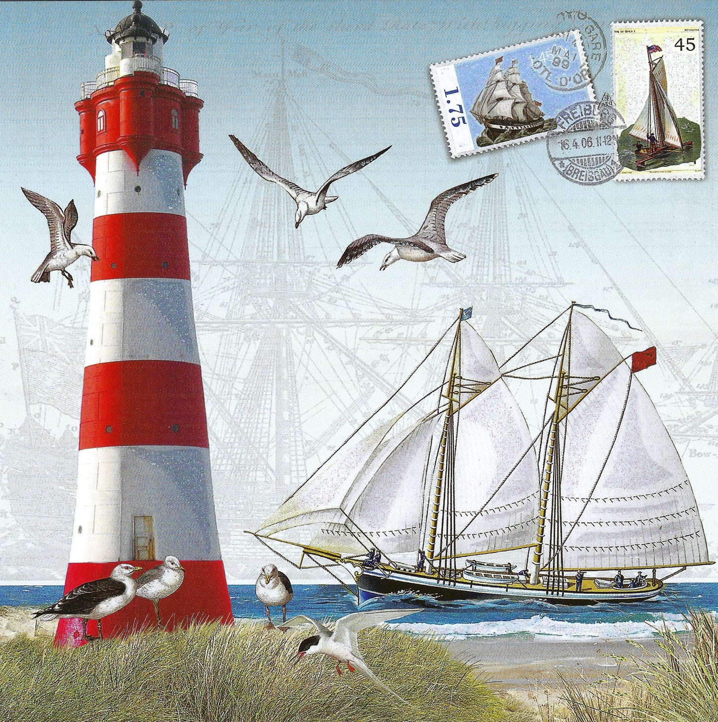 Barbara Behr - Auguri - Lighthouse - Sailboat - Seagulls - Postcard