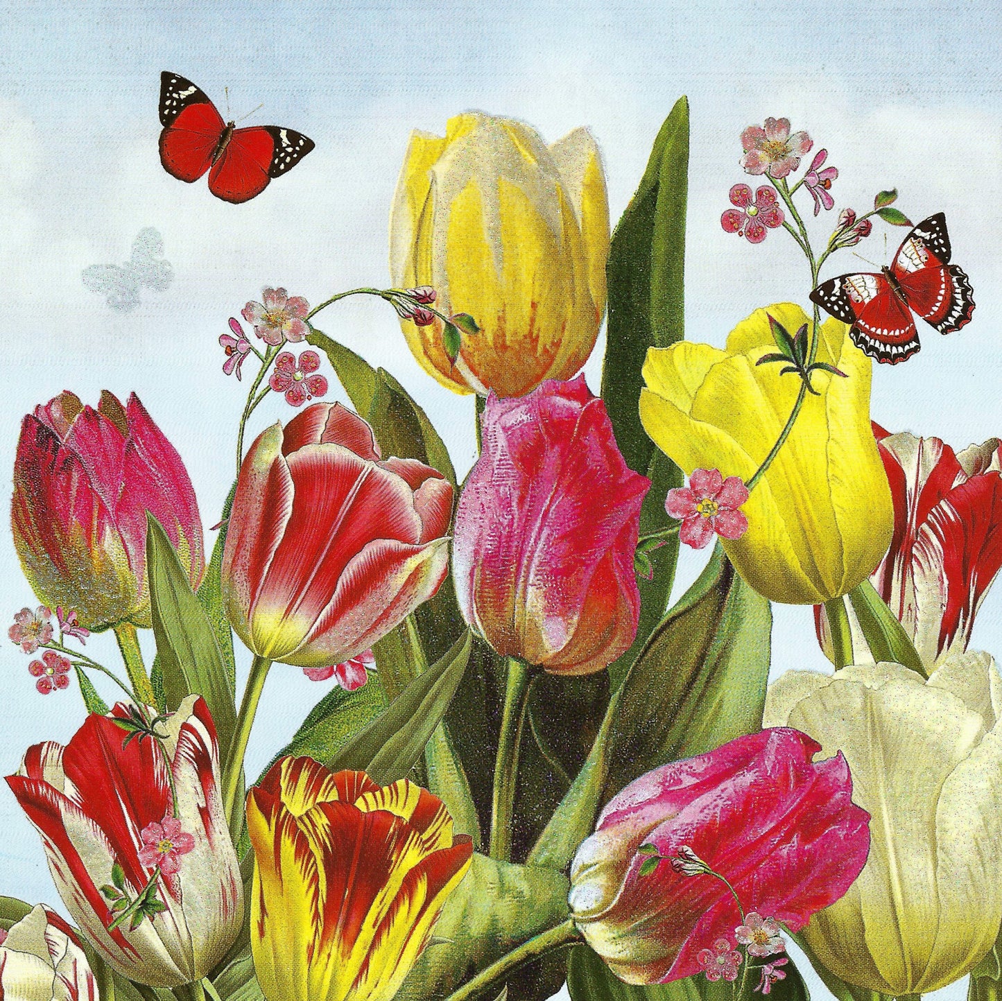 Postcard by Barbara Behr - Auguri featuring a floral design with tulips and butterflies, adorned with glitter details.