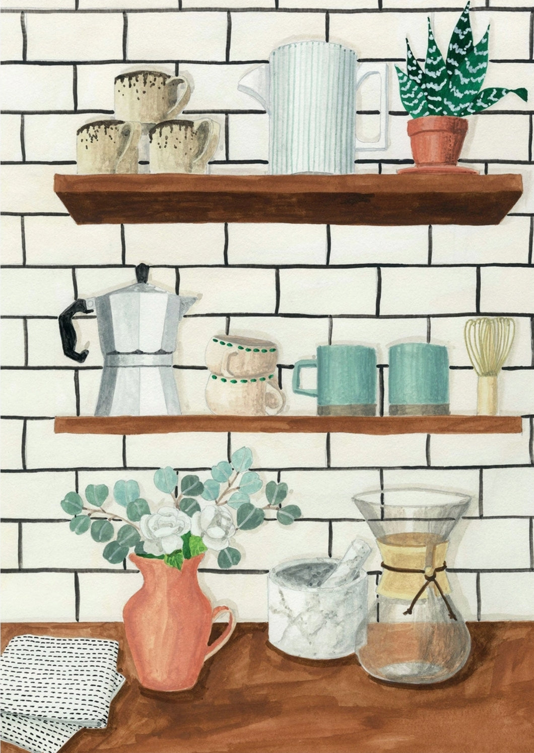 Barista Postcard by Melanie Voituriez featuring a kitchen scene with wooden shelves, mugs, a coffee maker, and plants against a tiled wall.
