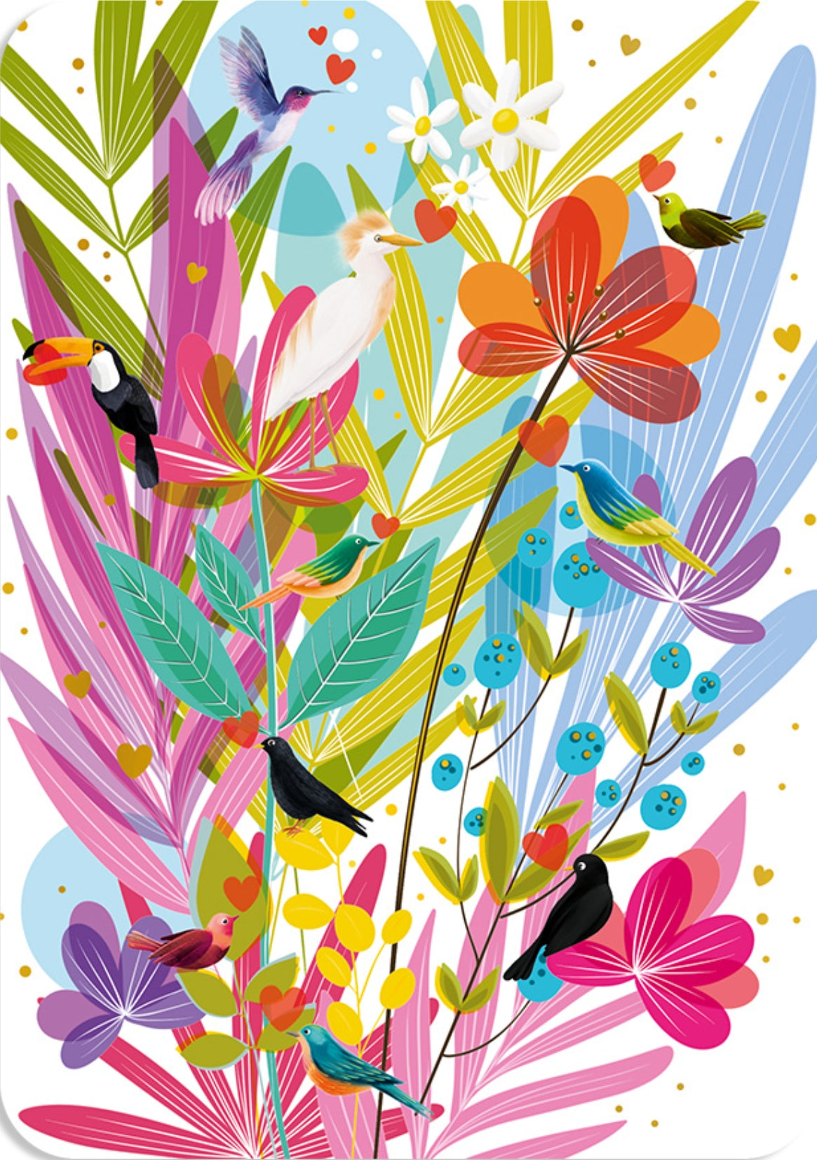 Birds postcrd by Cartes d'Art featuring a colorful tropical scene with birds and flowers on a white background