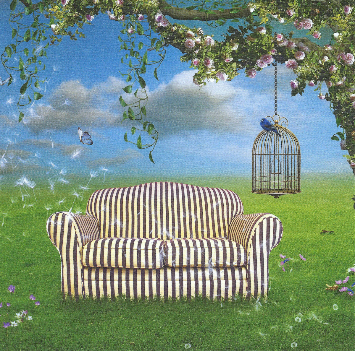 Garden Daydream Postcard by Edition Gollong featuring a striped sofa in a garden setting with flowers, a bird, and a birdcage.