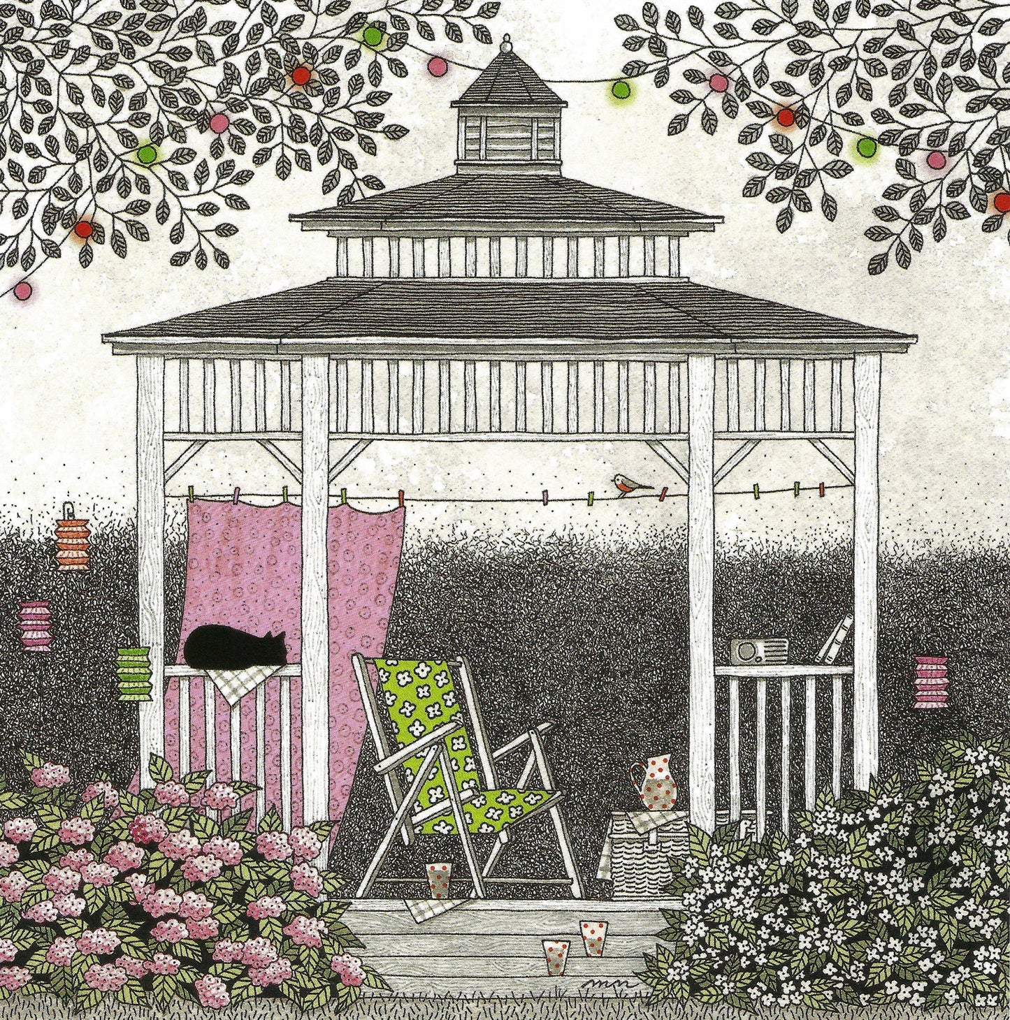 Black Cat in the Gazebo Postcard by Editions Titi Pinson