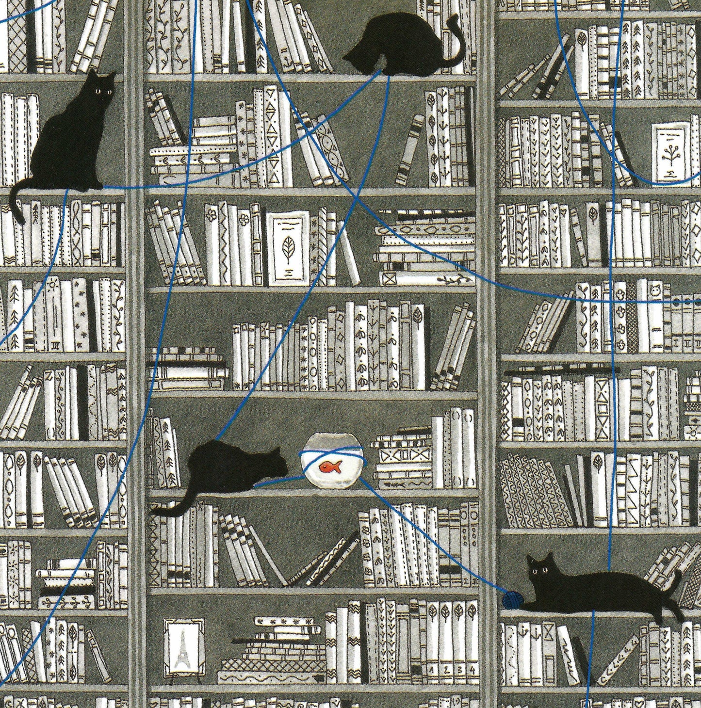 Black Cats in the Bookshelf Postcard by Editions Titi Pinson featuring black cats on a bookshelf with books and a fish bowl.