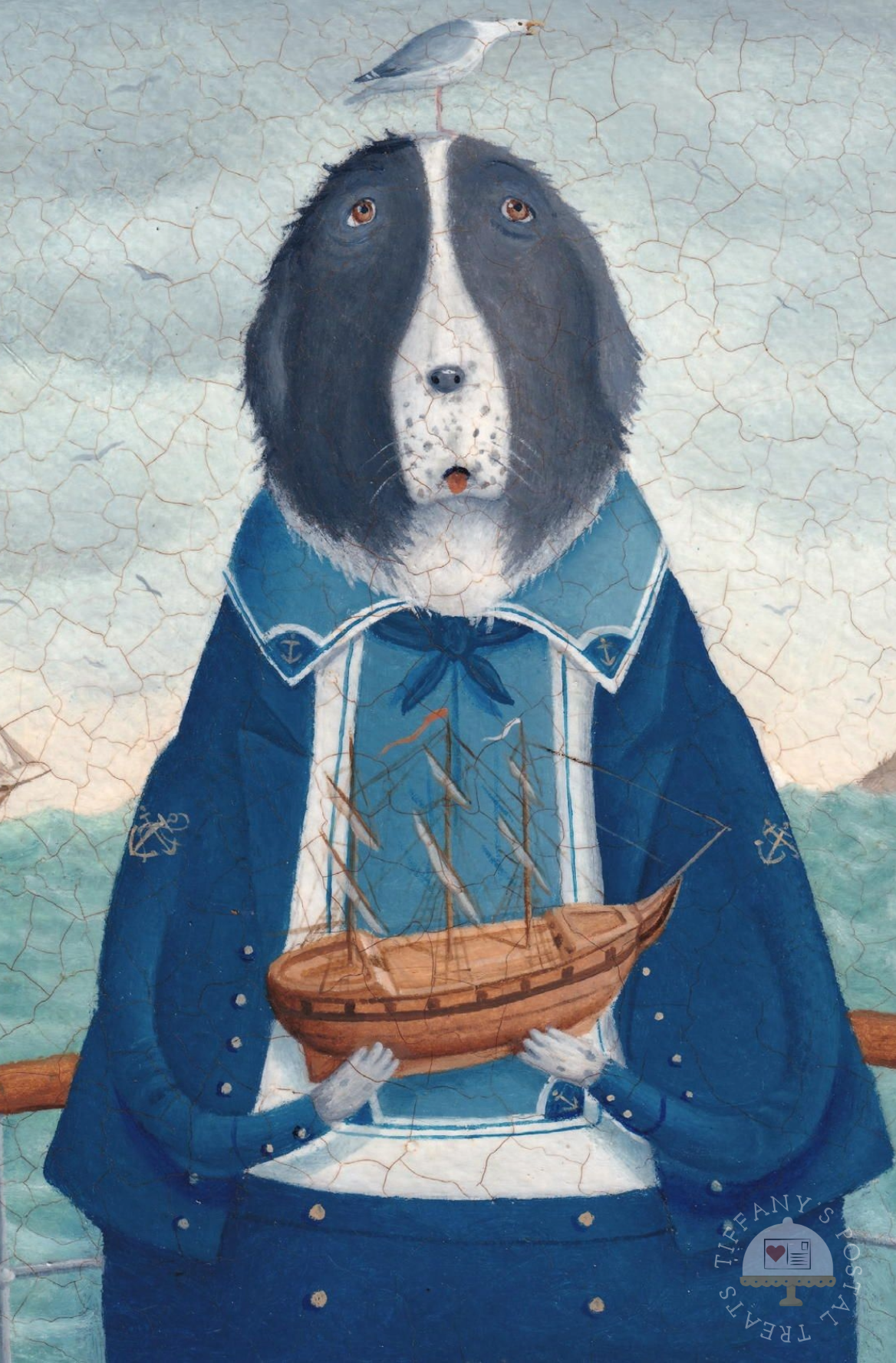 Boatswain Byron Postcard by Inkognito featuring a black-and-white dog dressed in a blue sailor-style coat and holding a small wooden ship, with a seagull standing on its head above. The background shows a cracked pale blue sky and sea surface.