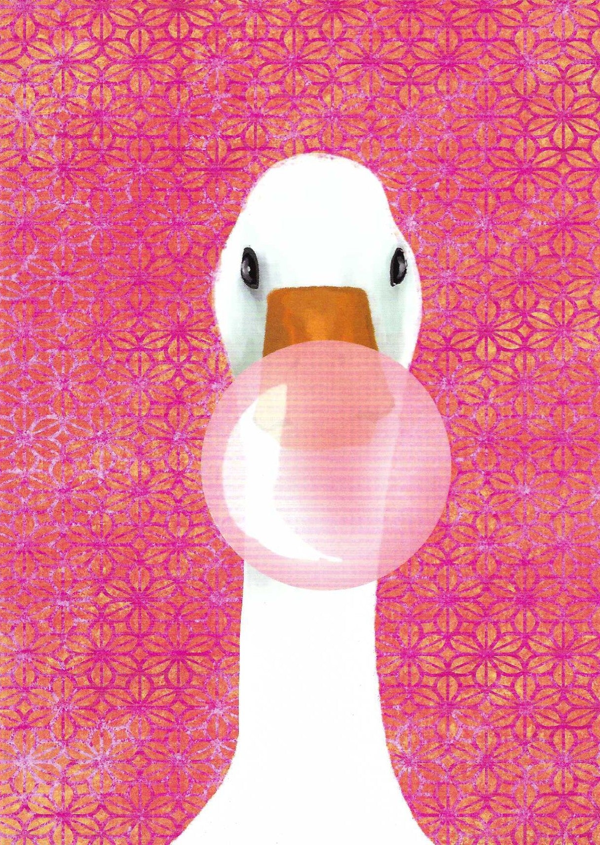 Bubble Duck Postcard by Toni Starck for Nobis Design featuring a duck blowing bubble gum on a pink and orange patterned background