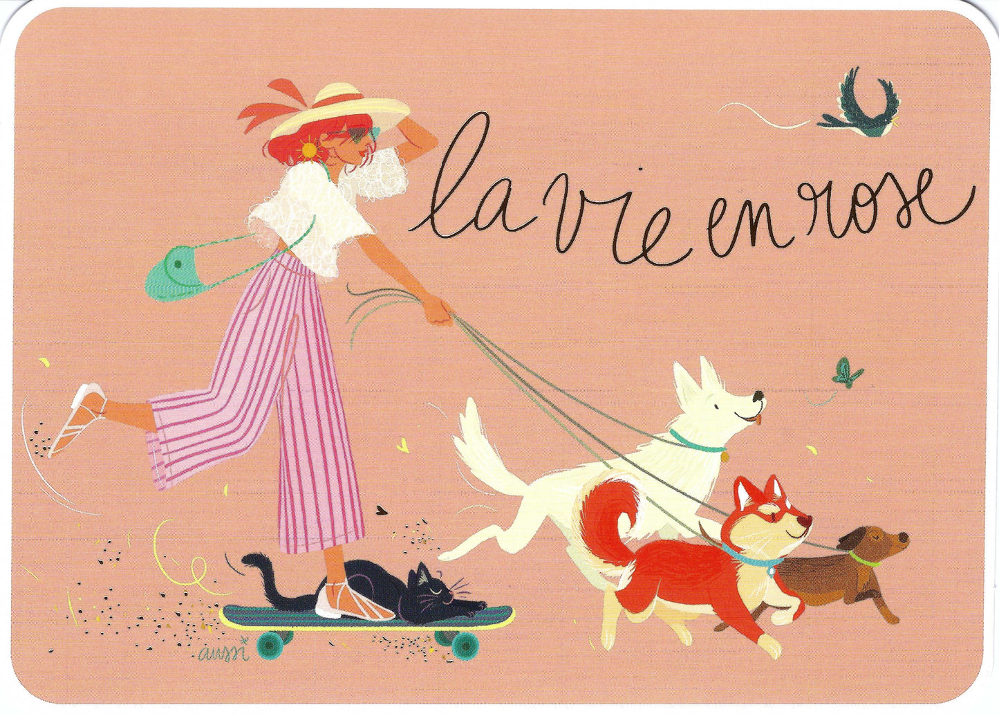 CODE CINQ - Audrey Bussi - Skateboard - Dogs - Cat - Woman - La Vie En Rose - Postcard