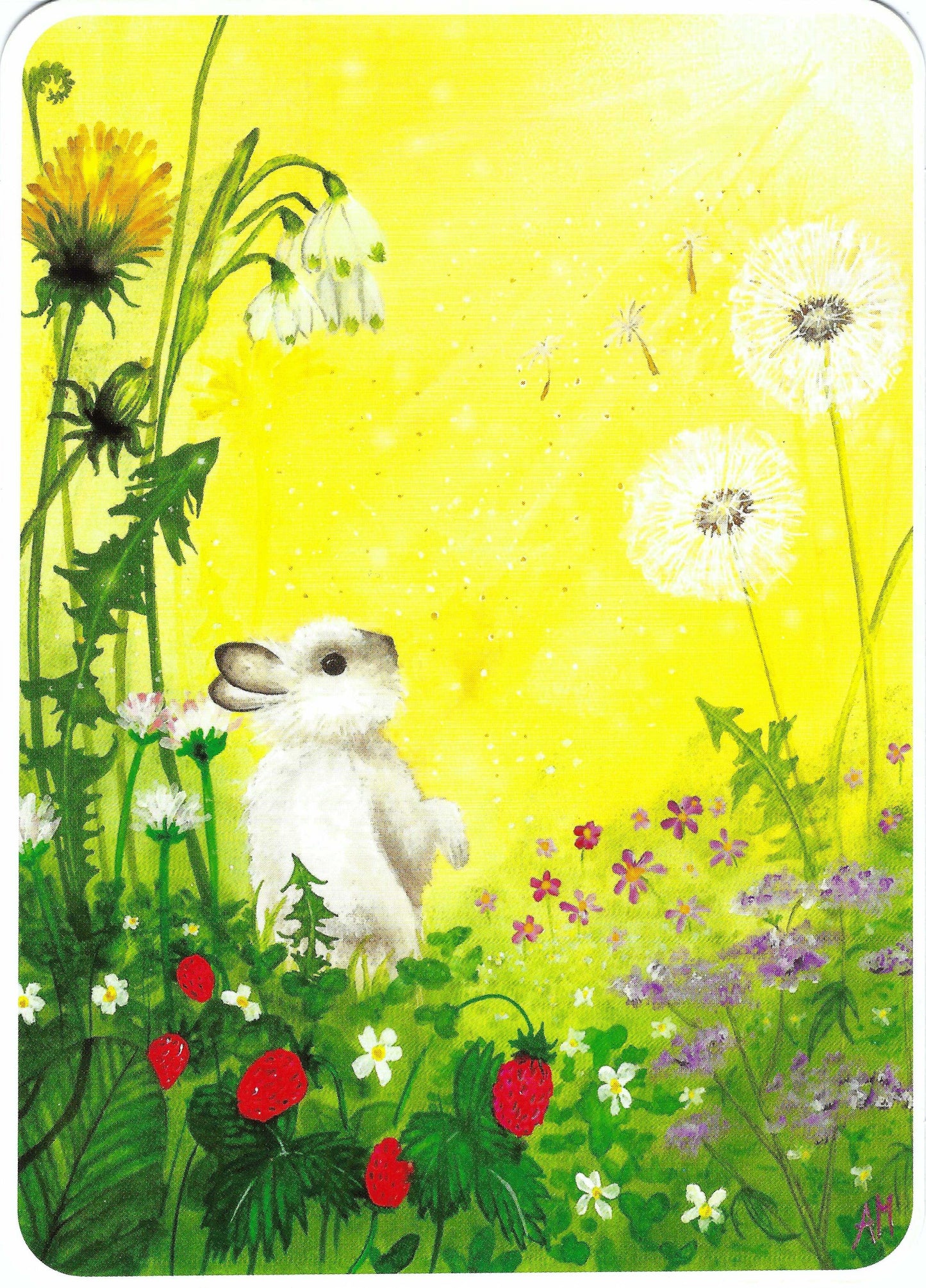 Bunny Rabbit Postcard by CODE CINQ featuring an illustration of a bunny in a spring setting with dandelions and flowers.