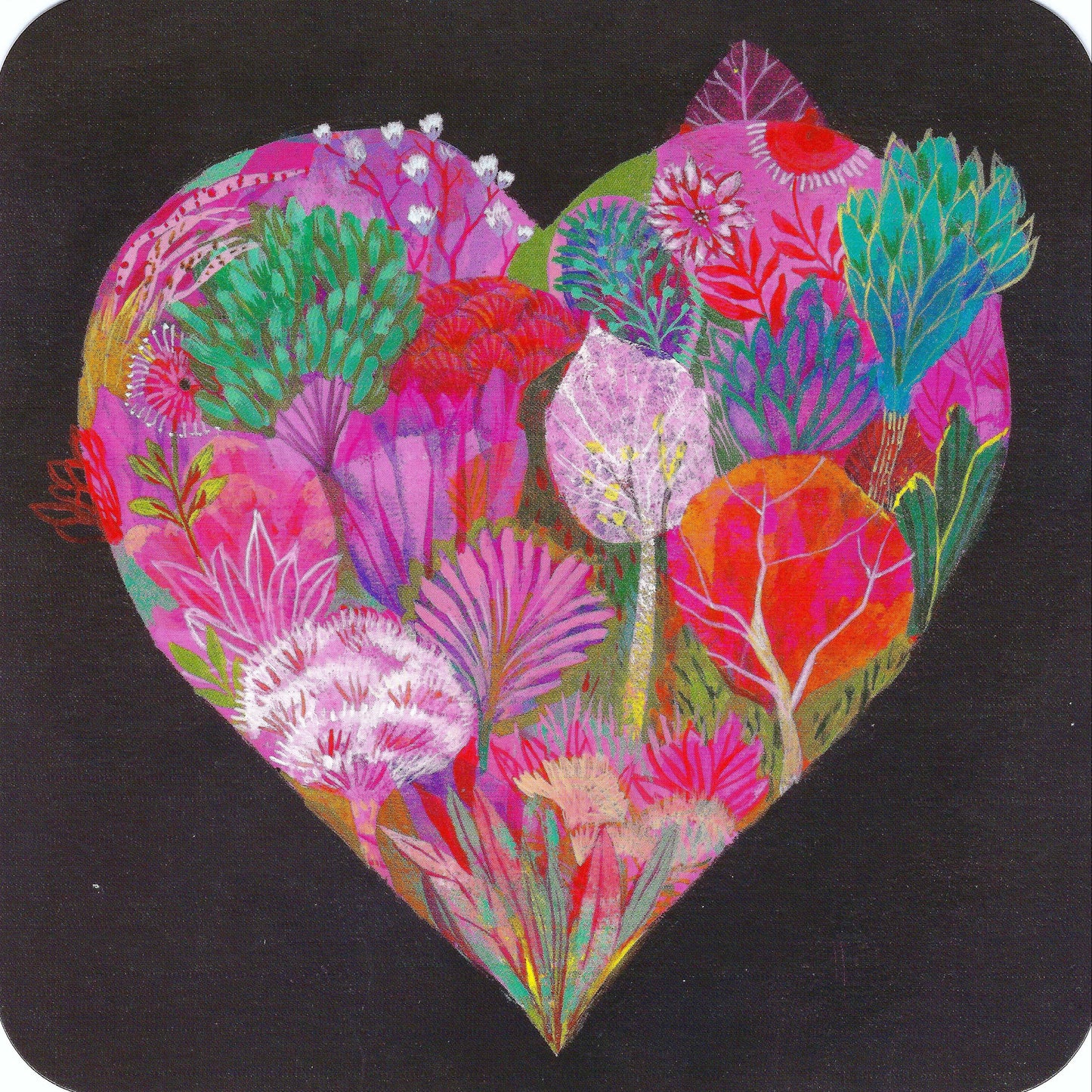 Secret Garden Heart Postcard by Izou featuring a heart-shaped arrangement of various plants and flowers.