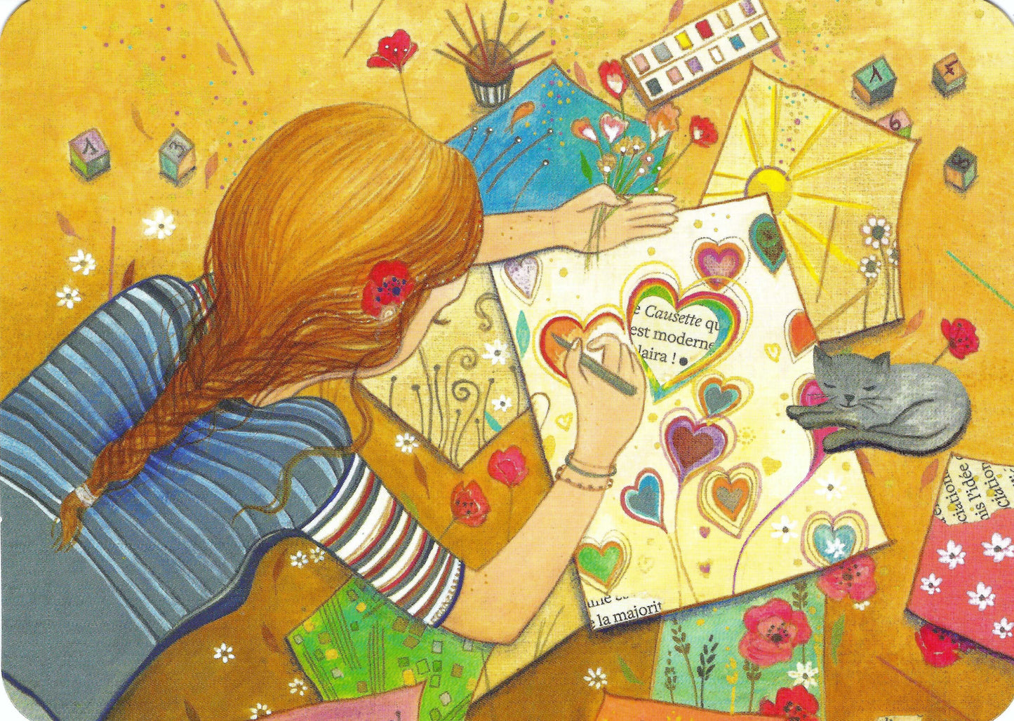 CODE CINQ - Jehanne Weyman - XOXO - Girl Drawing - Art - Cat -Postcard