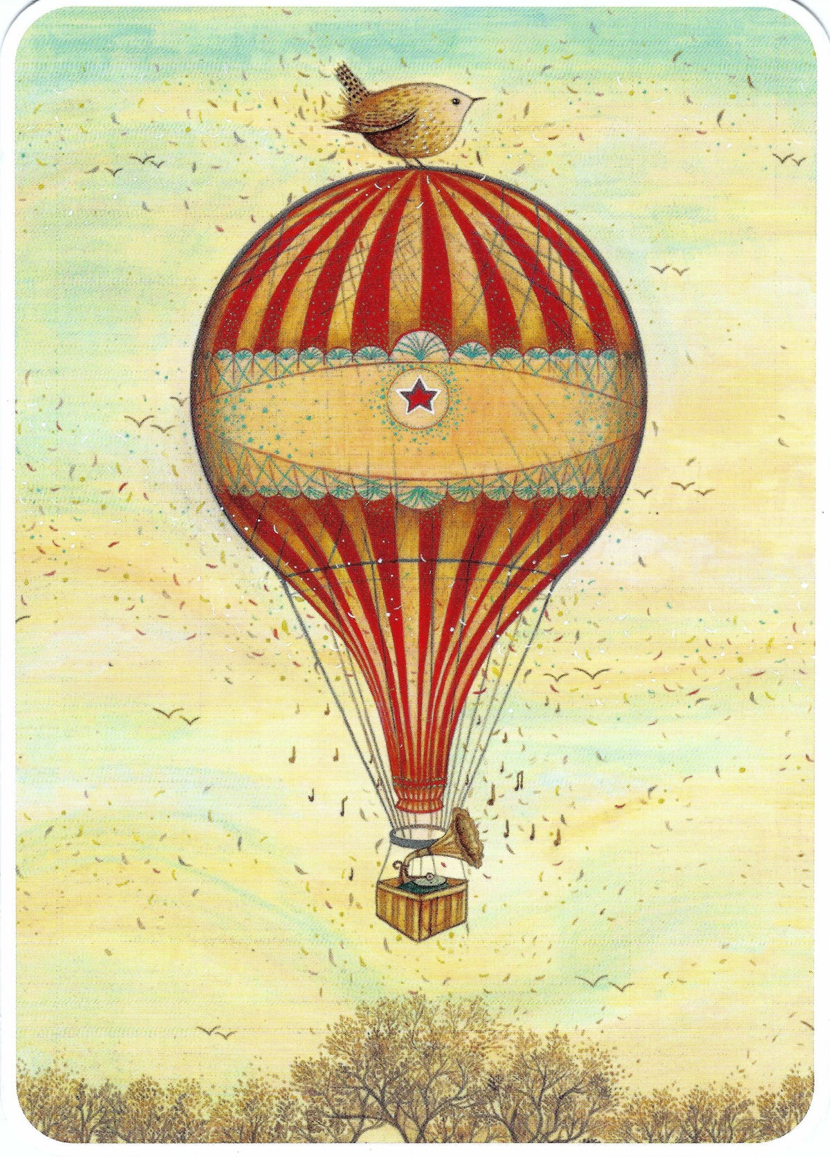 Whimsical postcard by Jehanne Weyman featuring a hot air balloon and bird – ideal for snail mail, Postcrossing