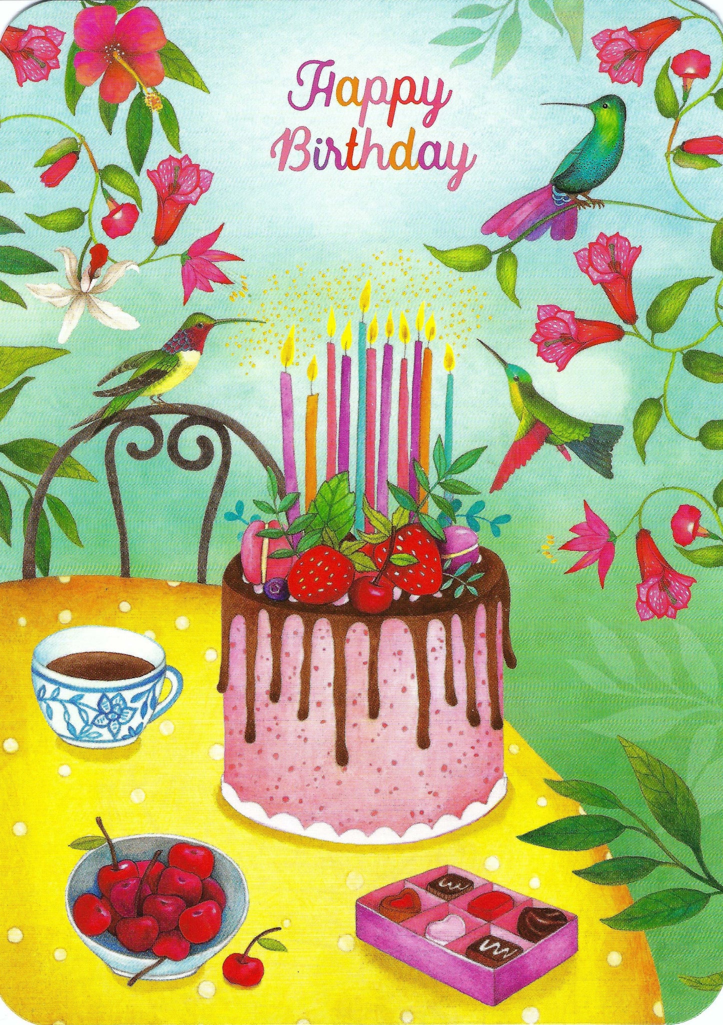 CODE CINQ - Mila - Happy Birthday - Cake - Hummingbirds - Tea - Flowers - Postcard
