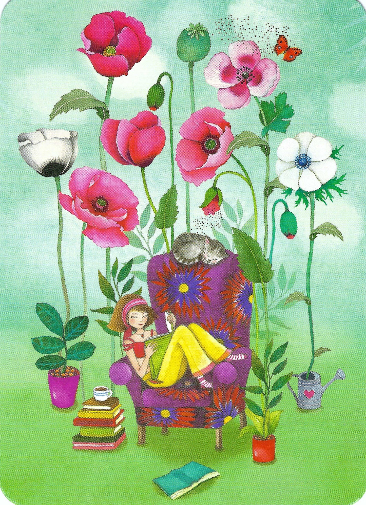 CODE CINQ - Mila - Words Bloom - Girl - Cat - Books - Reading - Postcard