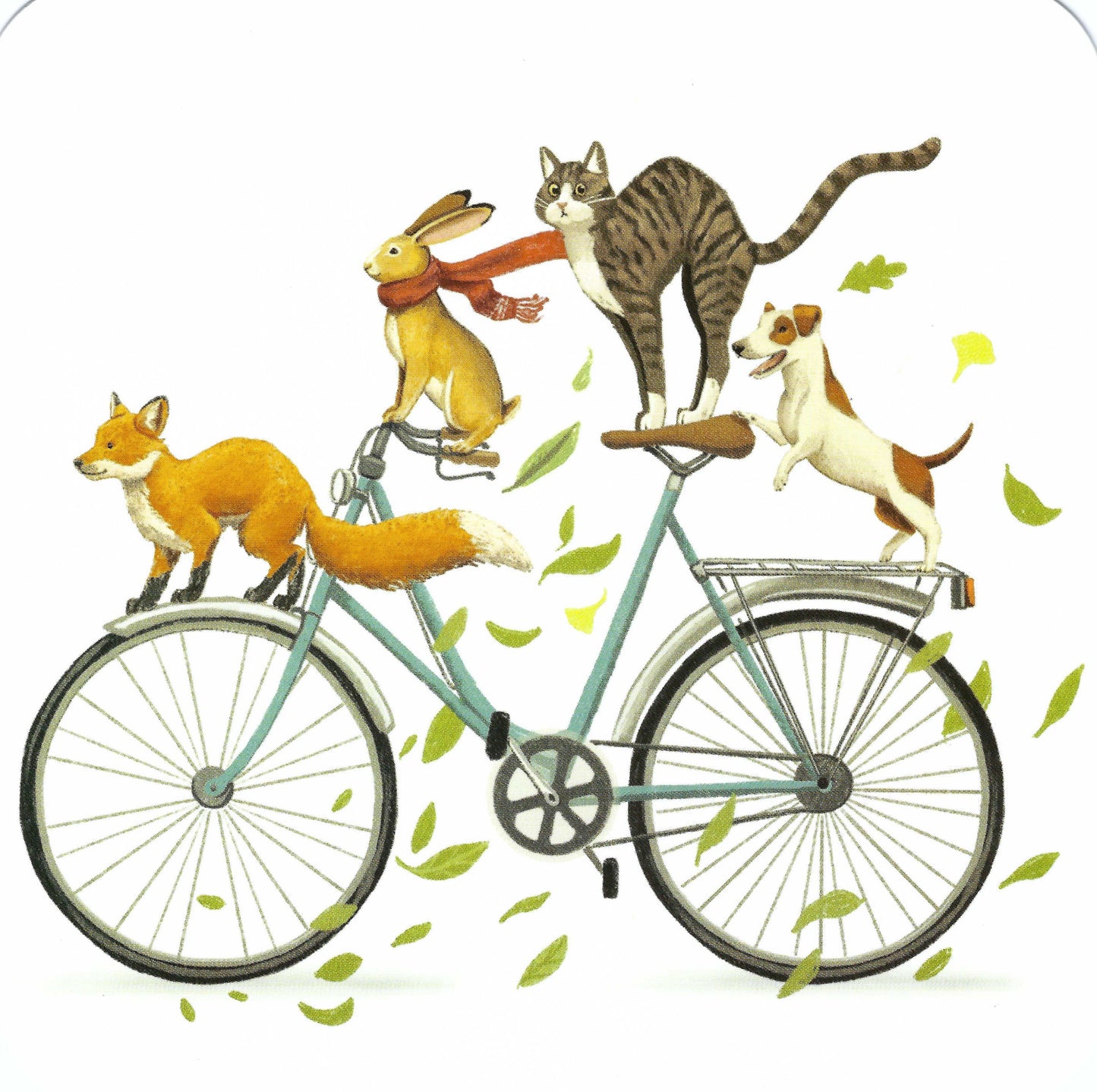 Postcard with a fox, rabbit, cat, and dog riding a bicycle, with leaves scattered around, on a square postcard.