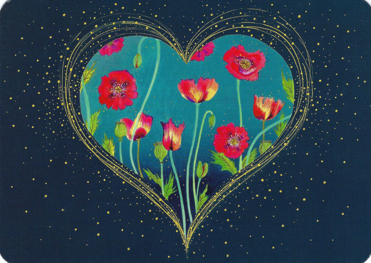 Heart and Flowers Postcard by Jehanne Weyman featuring a heart shape with flowers, predominantly poppies, against a blue background
