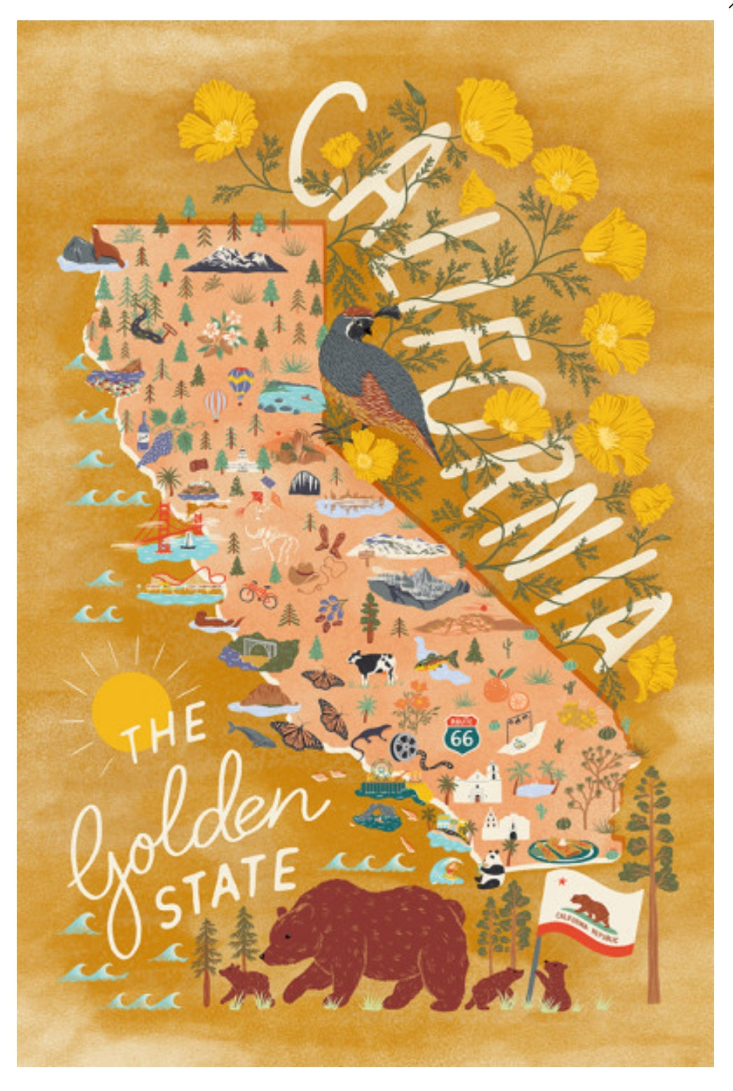 California map postcard by Lantern Press β illustrated travel art featuring landmarks, wildlife, and state symbols in a vibrant topographical design
