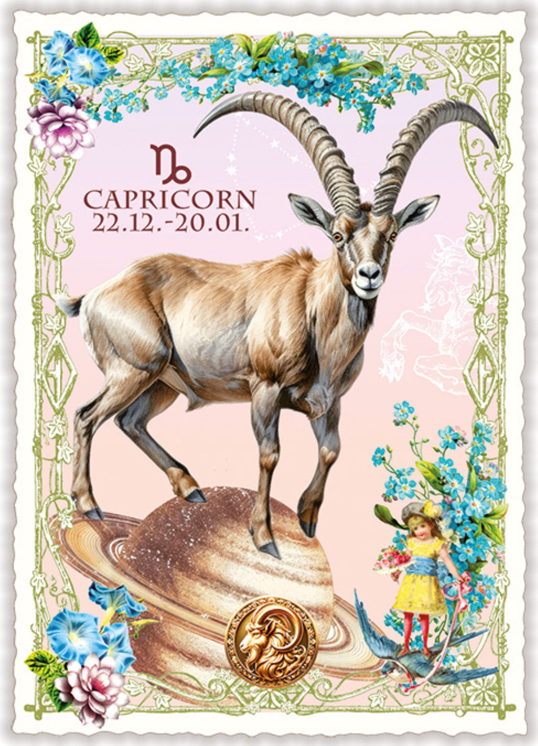 Capricorn Zodiac Sign Postcard by Edition Tausendschön featuring a goat illustration and decorative elements on a pink background