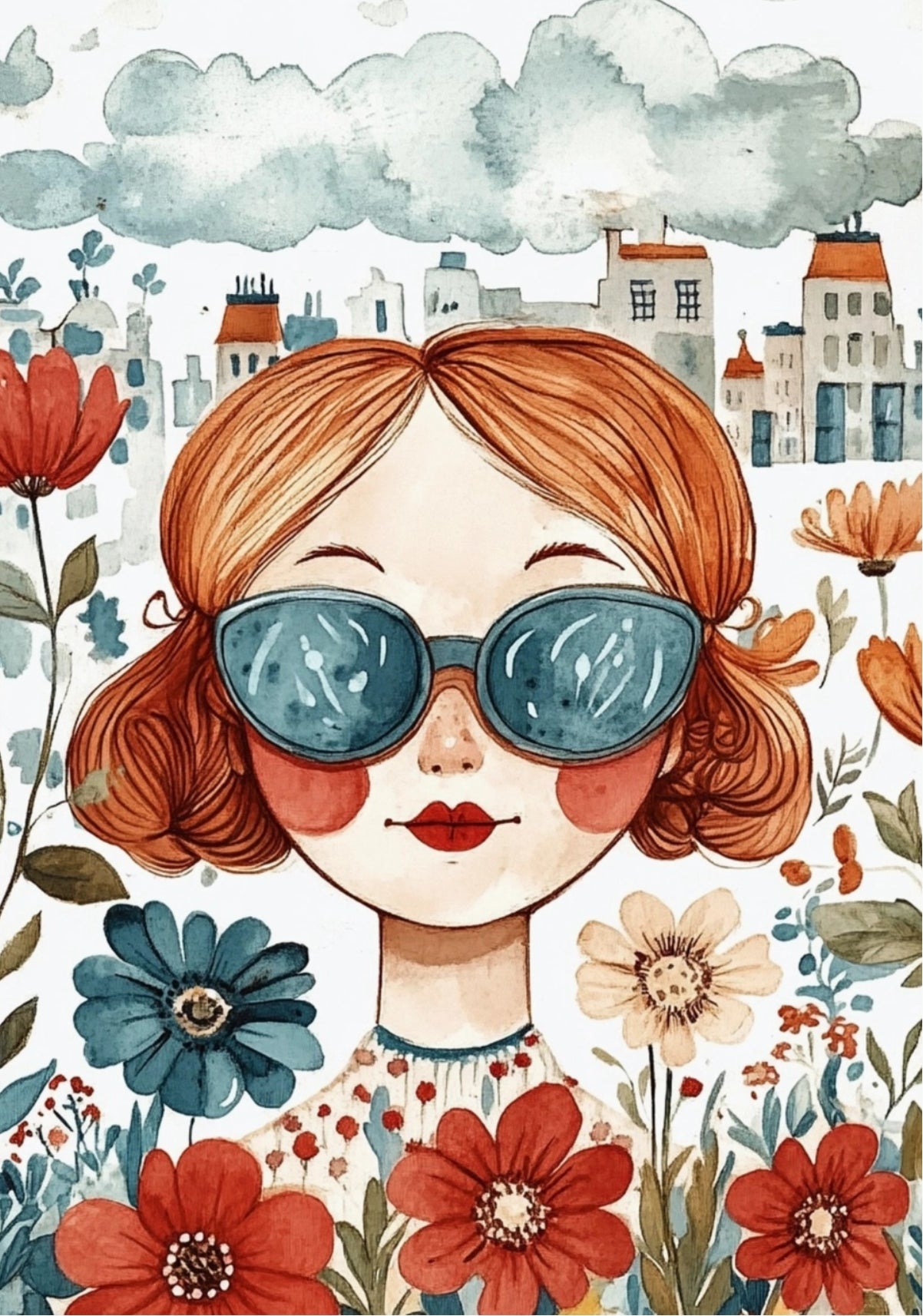 Girl and Flowers Postcard by Fripperies - Ltd Edition featuring an illustration of a girl with sunglasses surrounded by flowers and buildings
