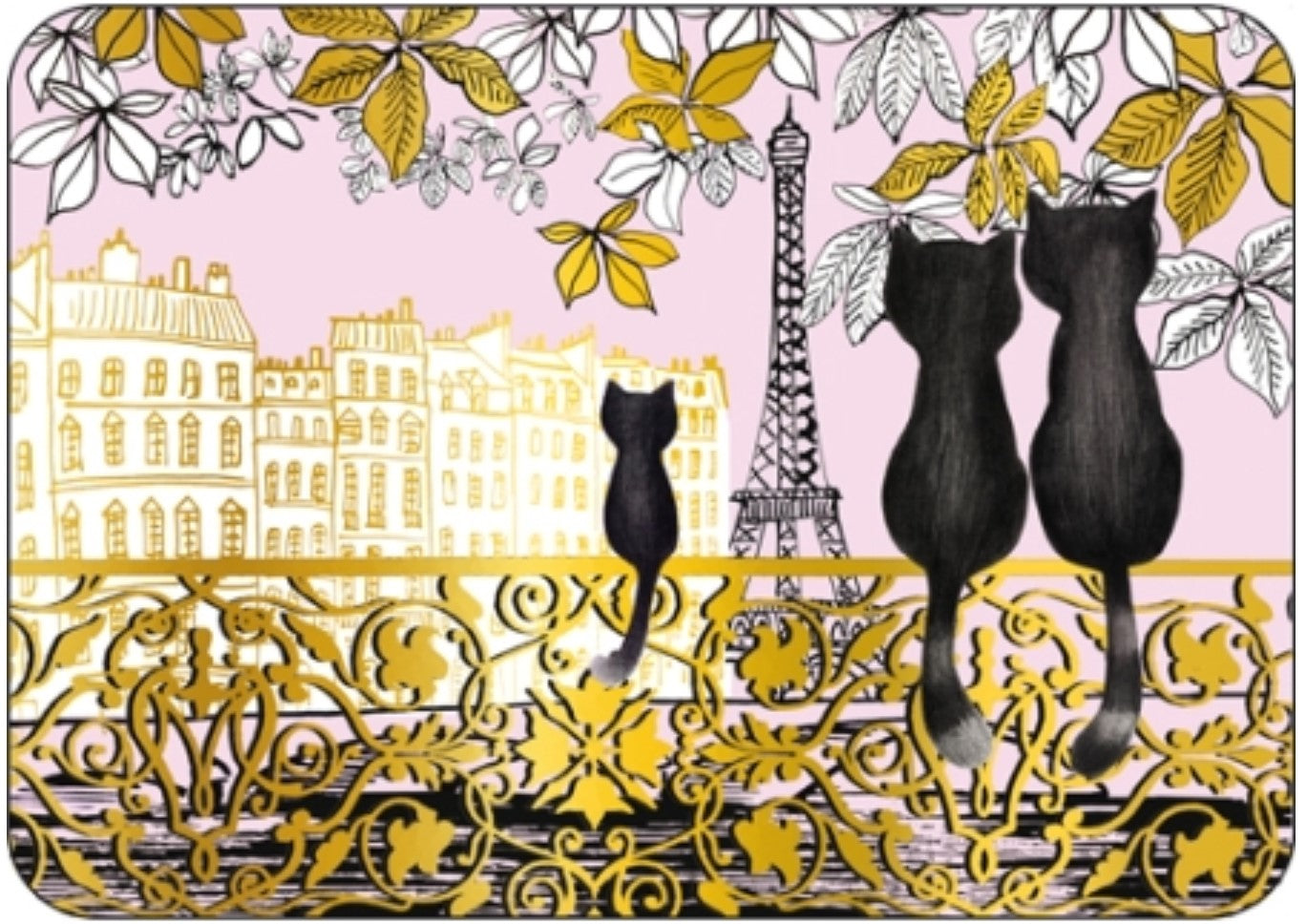 Cartes d'Art - Black Cats - Paris - Eiffel Tower - River Seine - Postcard with gold foil details