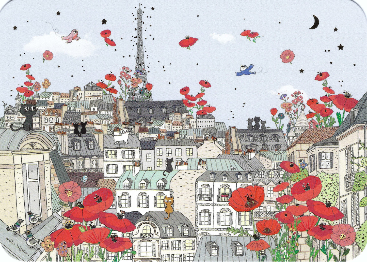 Cartes d' Art - Paris Poppies - Cats - Postcard with gold foil details