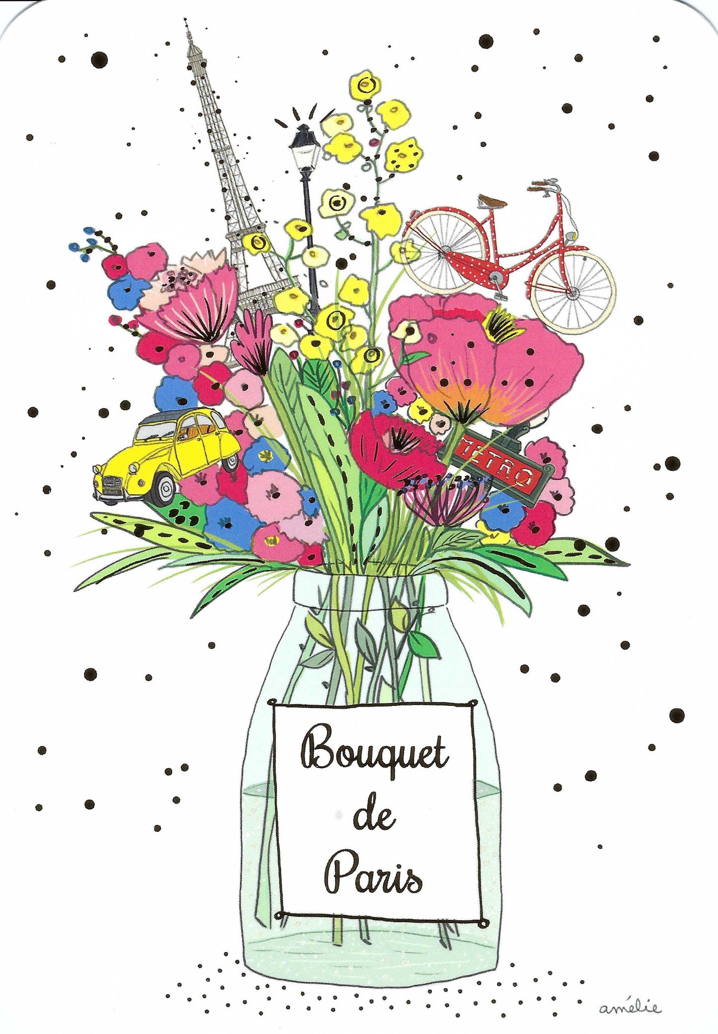 Cartes d'Art - Bouquet de Paris - Flowers - Eiffel Tower - Bicycle - Citroën - Metro - Postcard with gold foil details