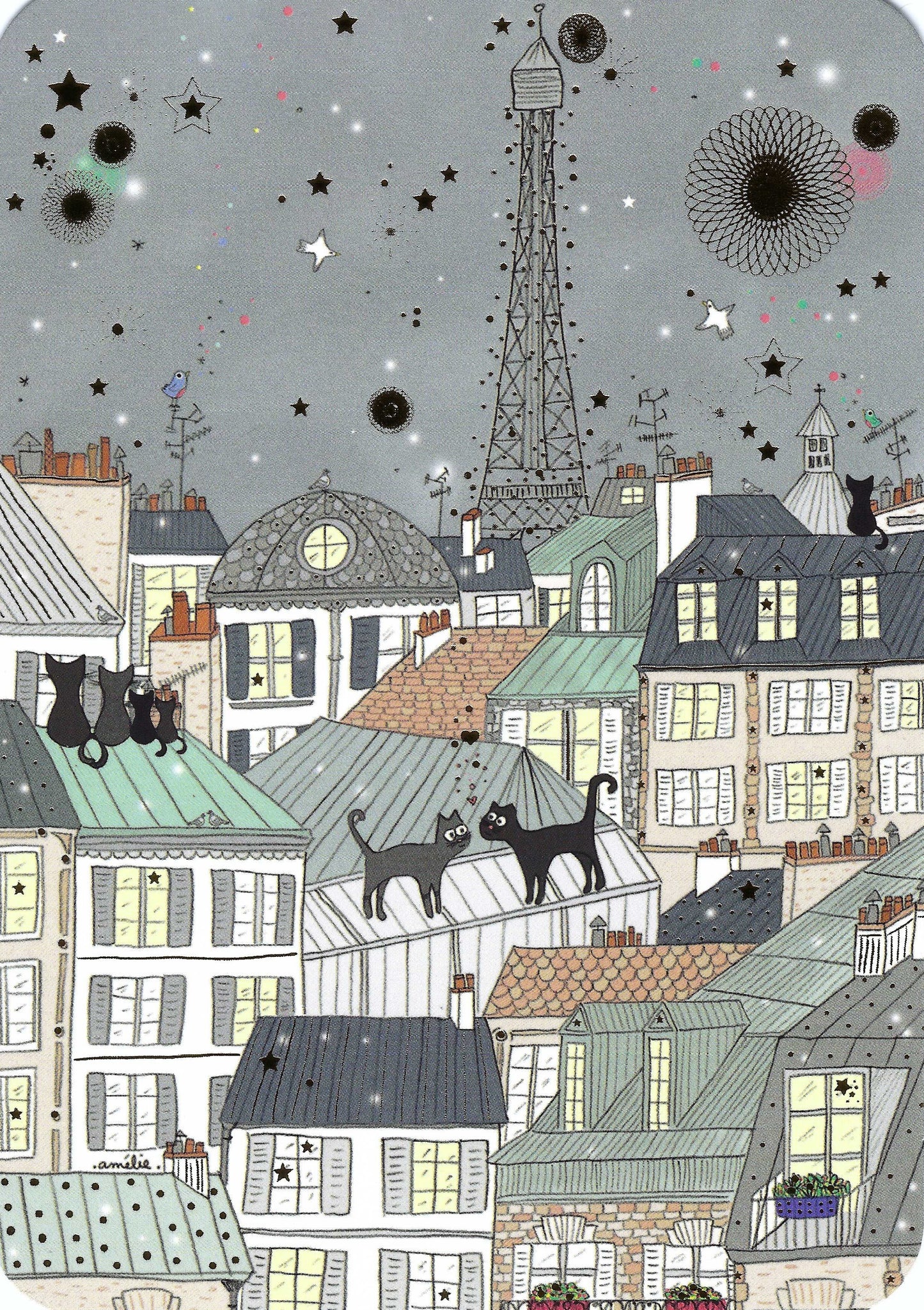 Cartes d'Art - Paris Rooftops - Cats - Eiffel Tower - Postcard with gold foil details