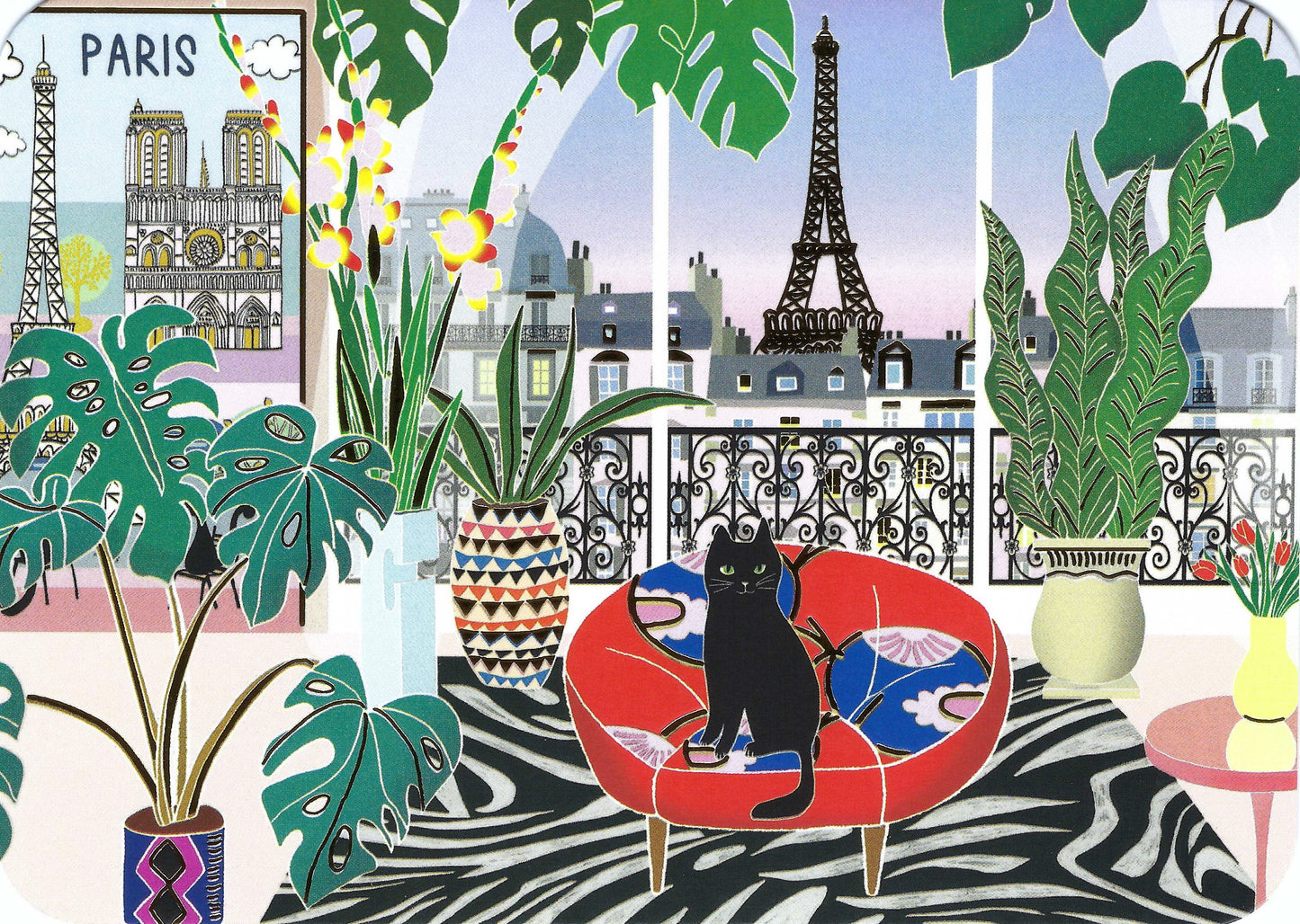 Cartes d'Art - Black Cat - Room with a View - Eiffel Tower - Paris - France - Postcard with gold foil details