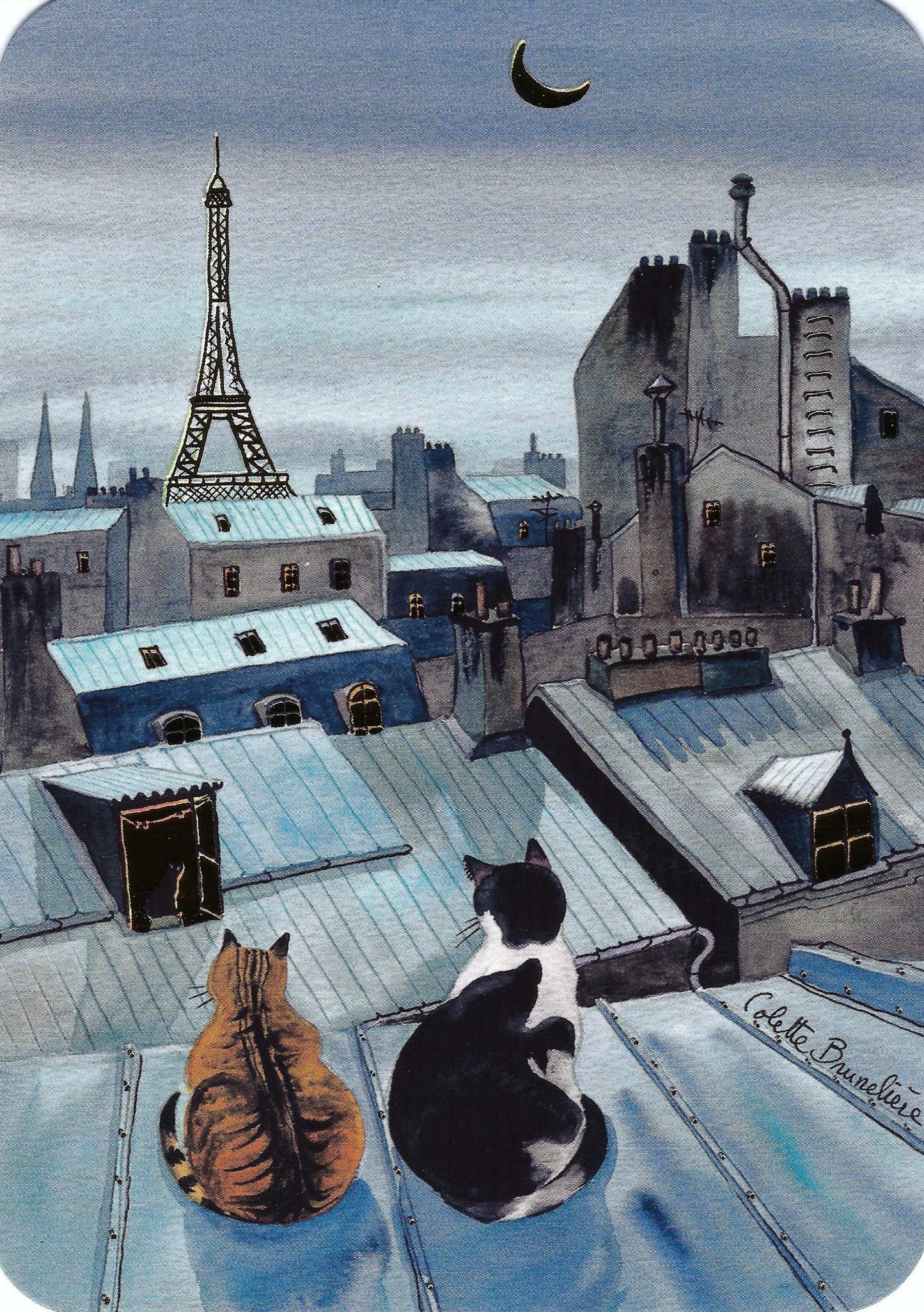 Cartes d'Art - Paris Rooftop - Cats - Eiffel Tower - France - Postcard with foil details