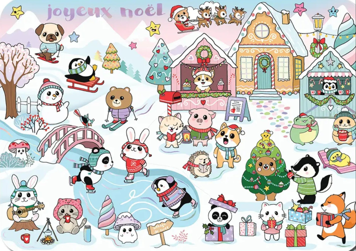 Kawaii Christmas postcard by Cartes d’Art featuring cute animals in festive outfits with foil accents