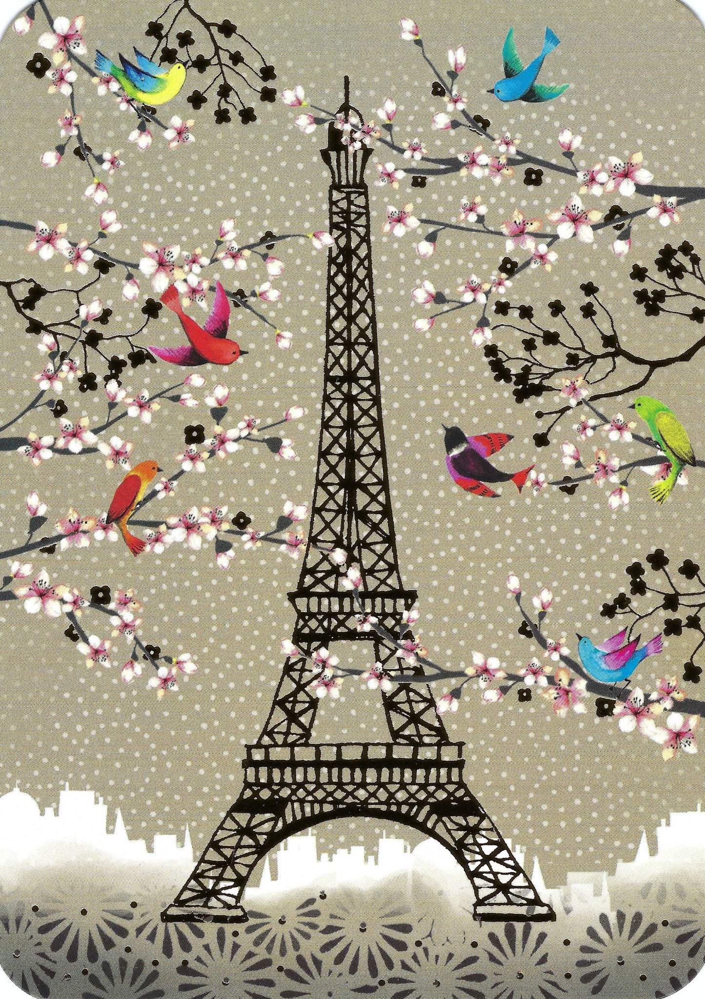 Cartes d'Art - Eiffel Tower - Paris - France - Birds - Trees - Flowers - Postcard with gold foil details