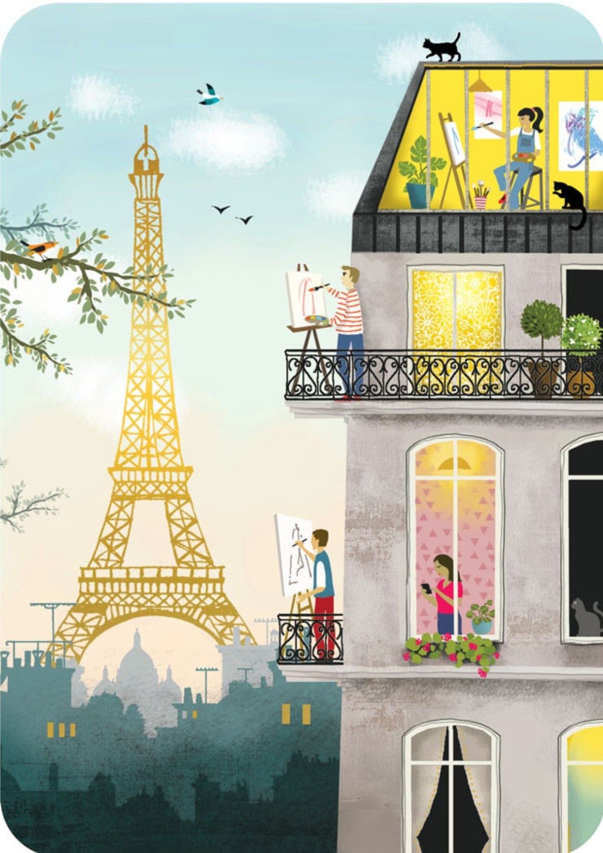 Cartes d'Art - Eiffel Tower View - Art - Painting - Apartments - Cats -Postcard with foil details