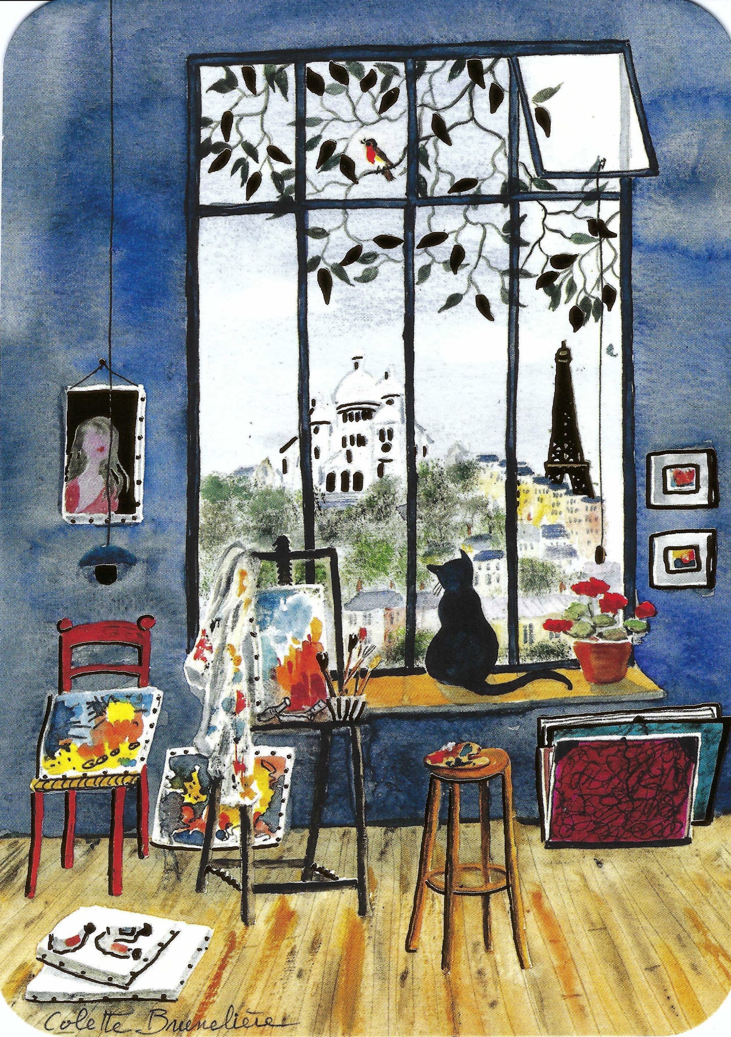 Cartes d'Art - Eiffel Tower View - Art - Black Cat - Painting - Art Studio - Sacre Coeur - Postcard with foil details