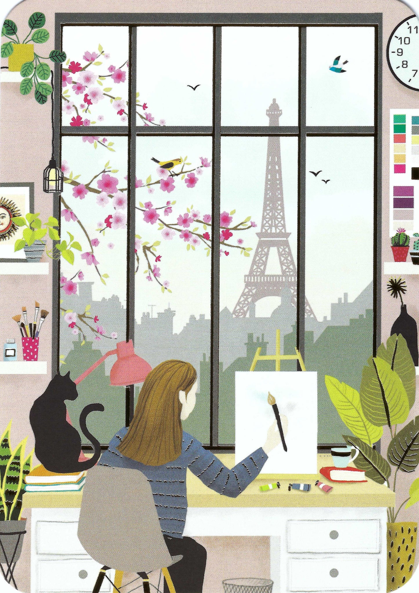 Cartes d'Art - Eiffel Tower View - Art - Painting - Desk - Cat -Postcard with gold foil details