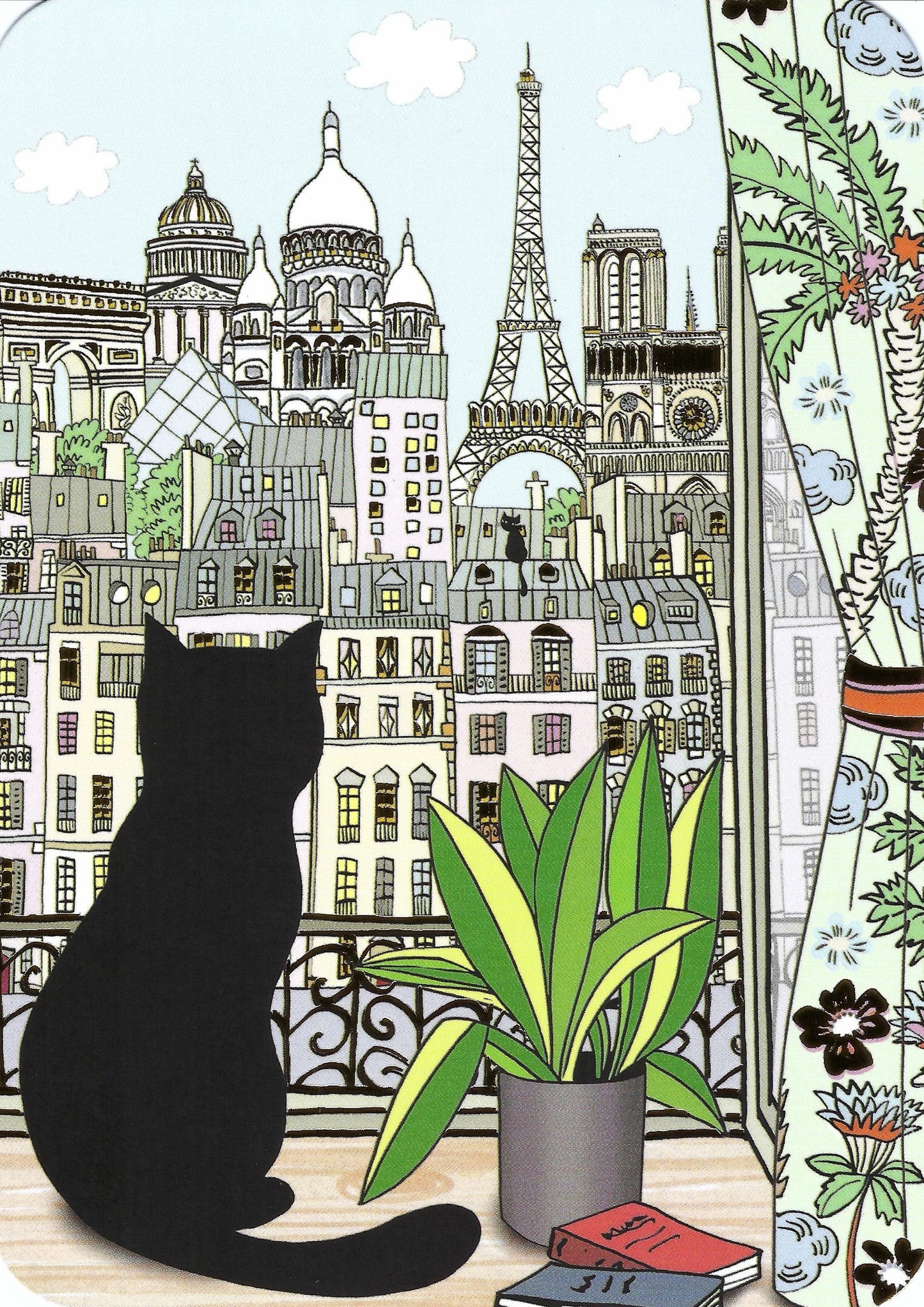 Cartes dArt - Paris - France - Cat - View by the Window - Eiffel Tower - Louvre - Sacre Coeur - Plant - Postcard with gold foil details