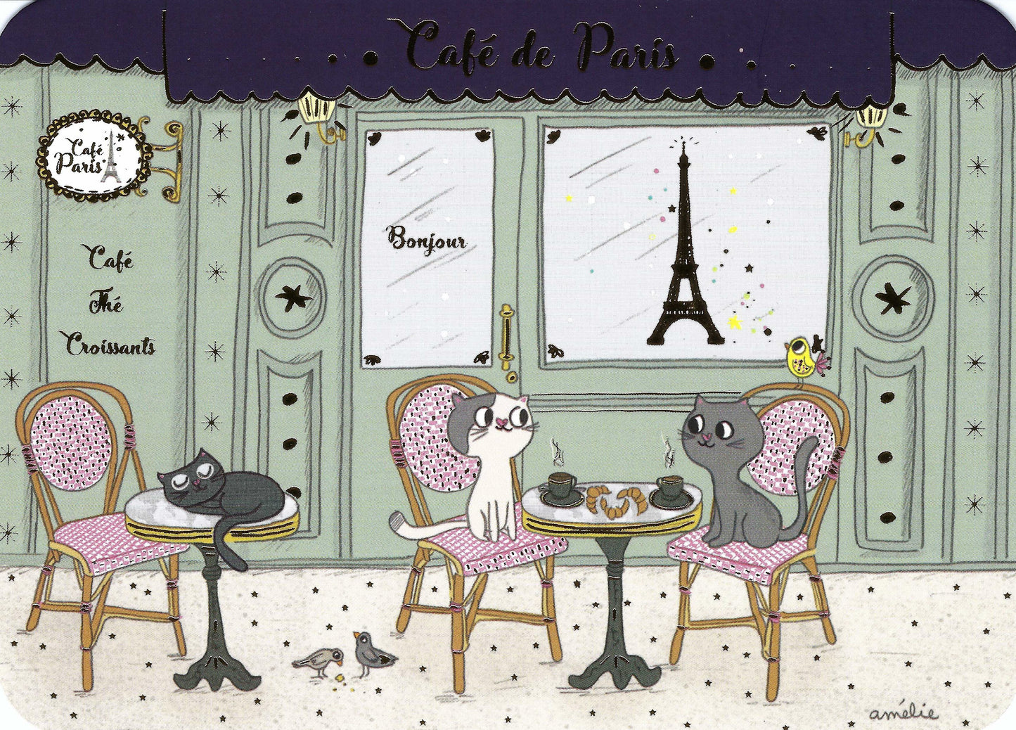 Cartes d'Art - Paris - France - Cats - Cafe - Coffee - Croissants - Postcard with gold foil details